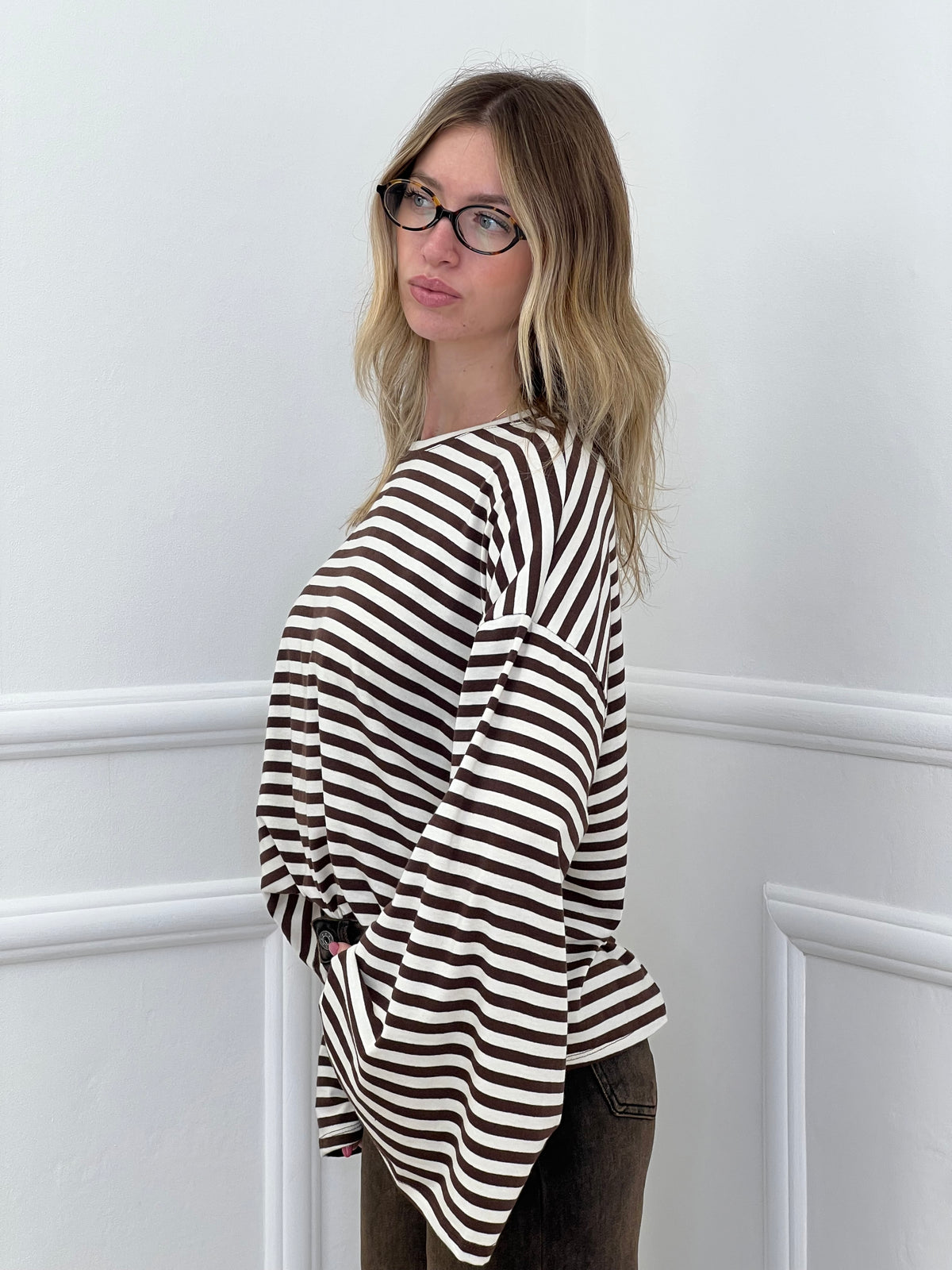 T-shirt Righe Maniche Ampie BM270 Panna e Marrone