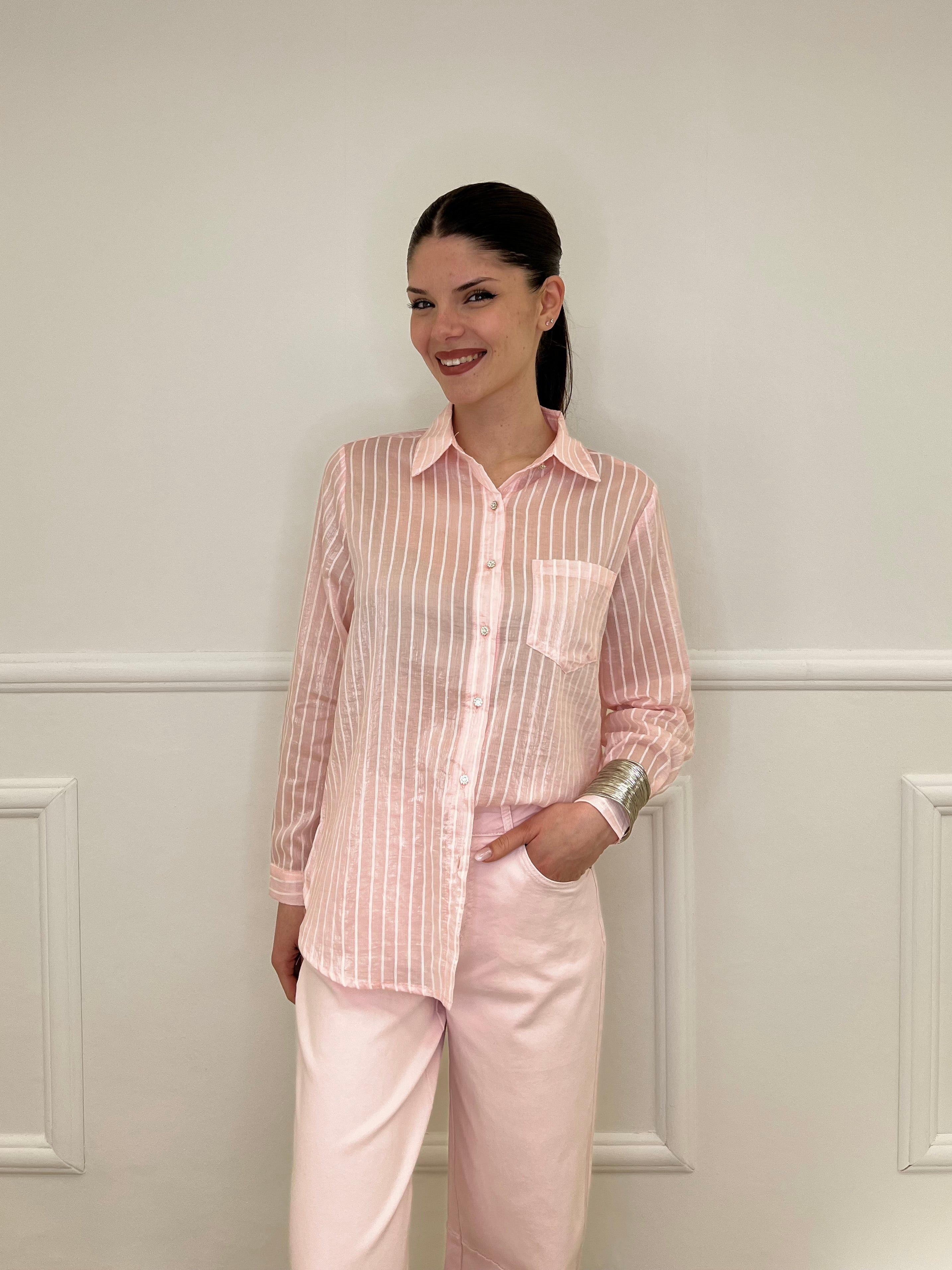 Camicia Tencel Spalmata a Righe 25802 Rosa