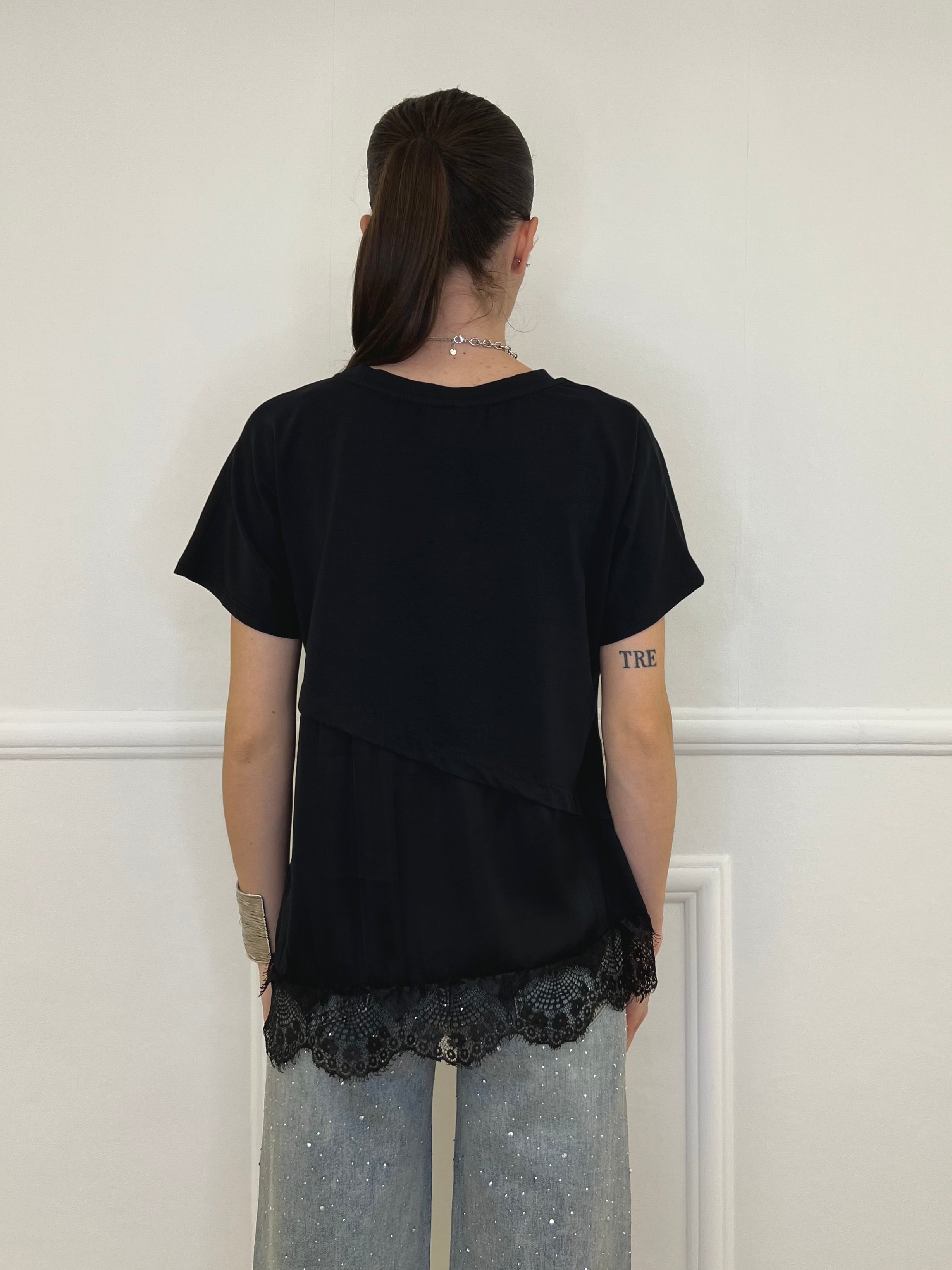 Maglietta Combinata Con Pizzo 20611 Nero