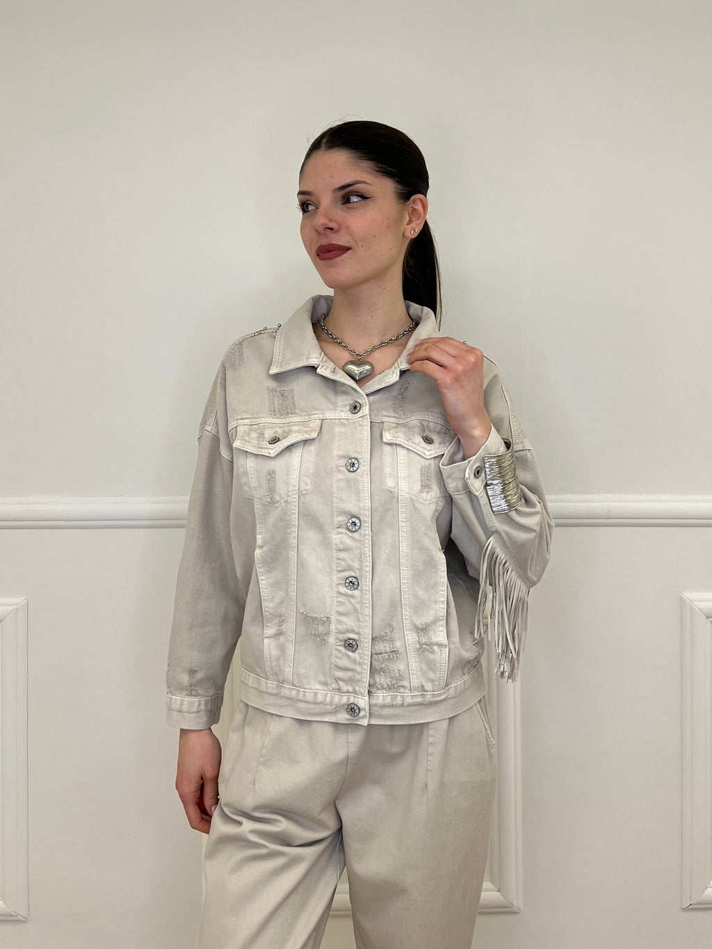 Giacca Denim con Frange e Ricami 9597 Beige