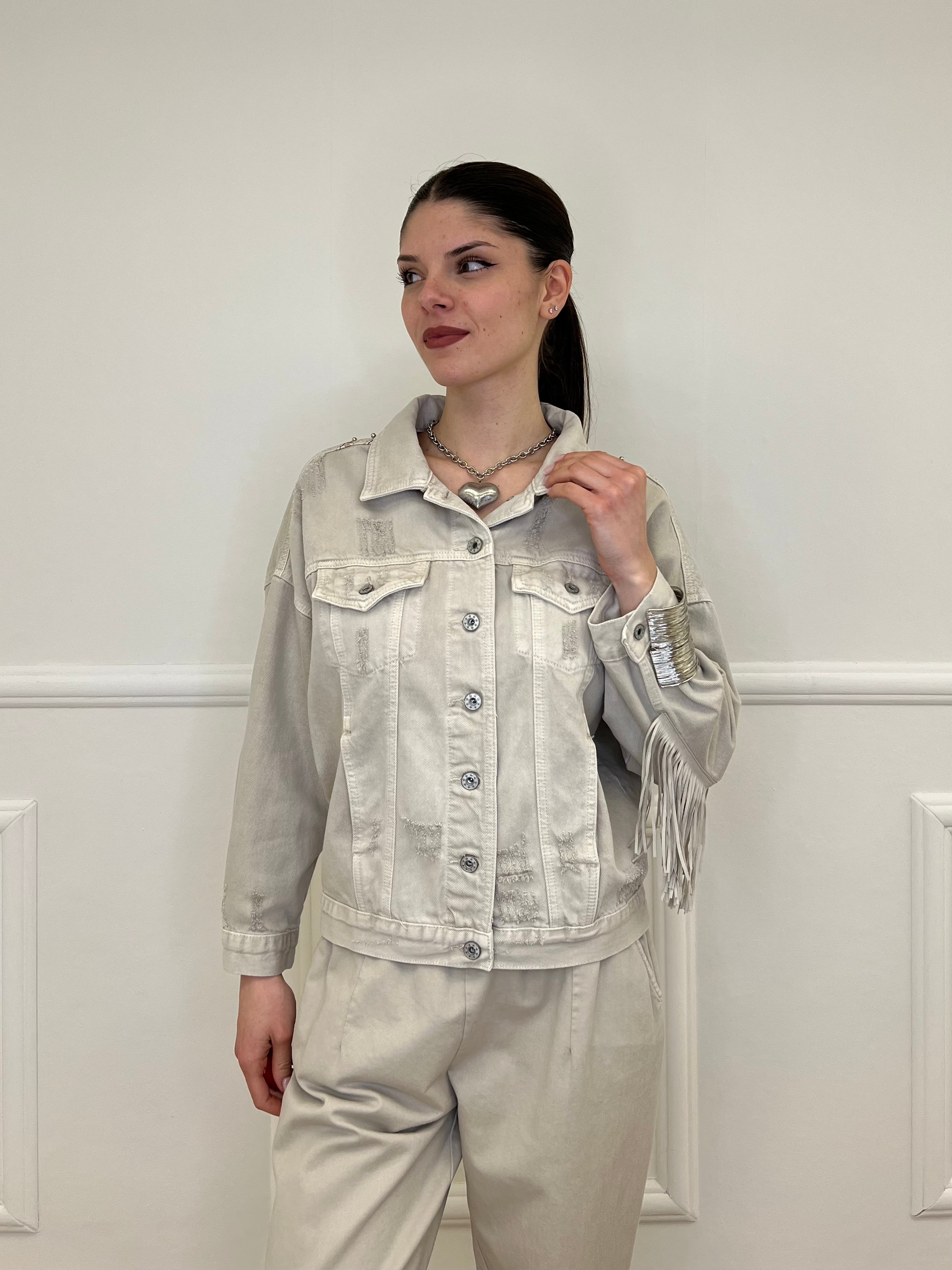 Giacca Denim con Frange e Ricami 9597 Beige