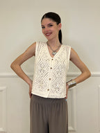 Gilet Traforato Ricami e Paillettes 32550 Ecru