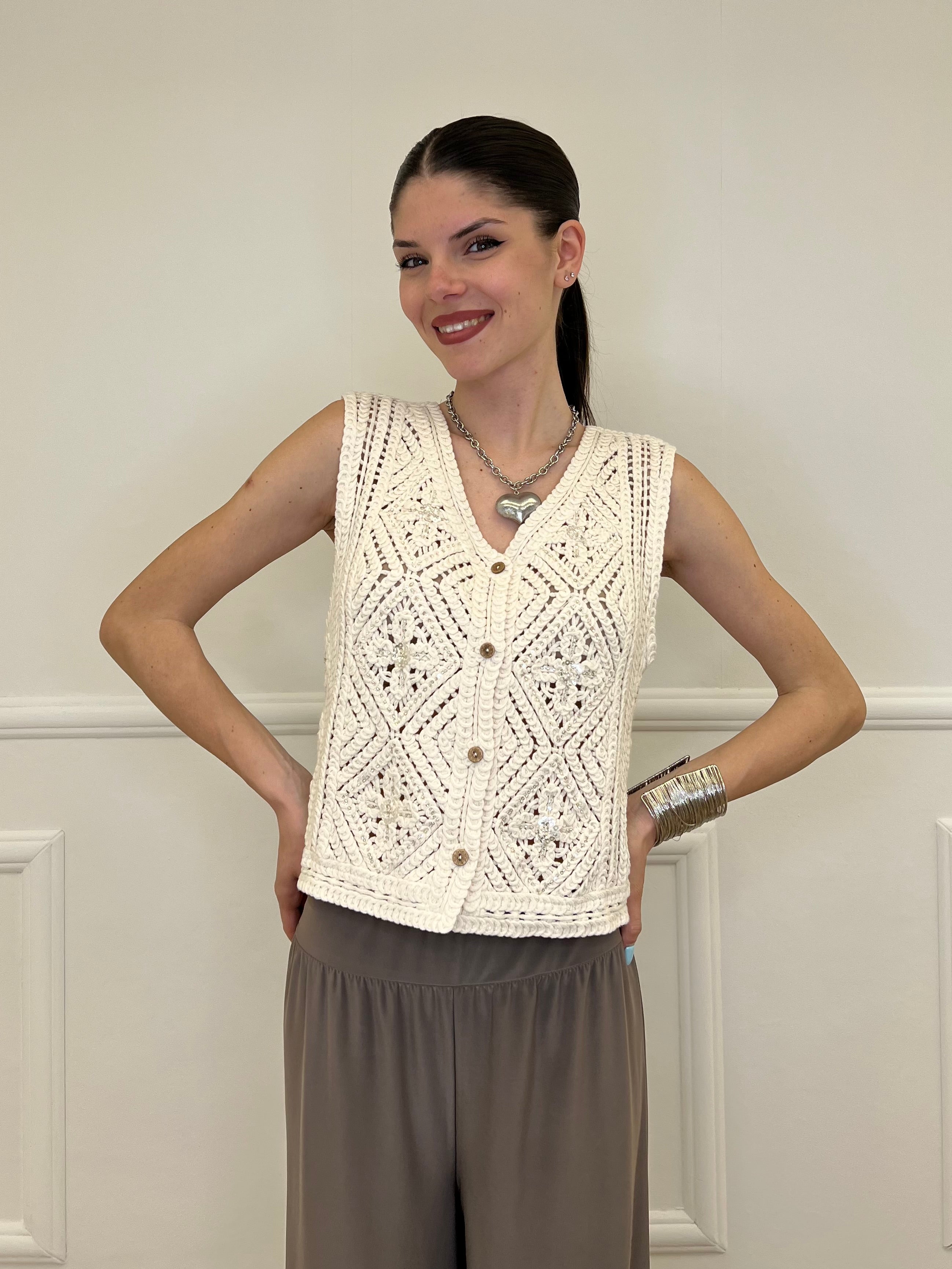 Gilet Traforato Ricami e Paillettes 32550 Ecru