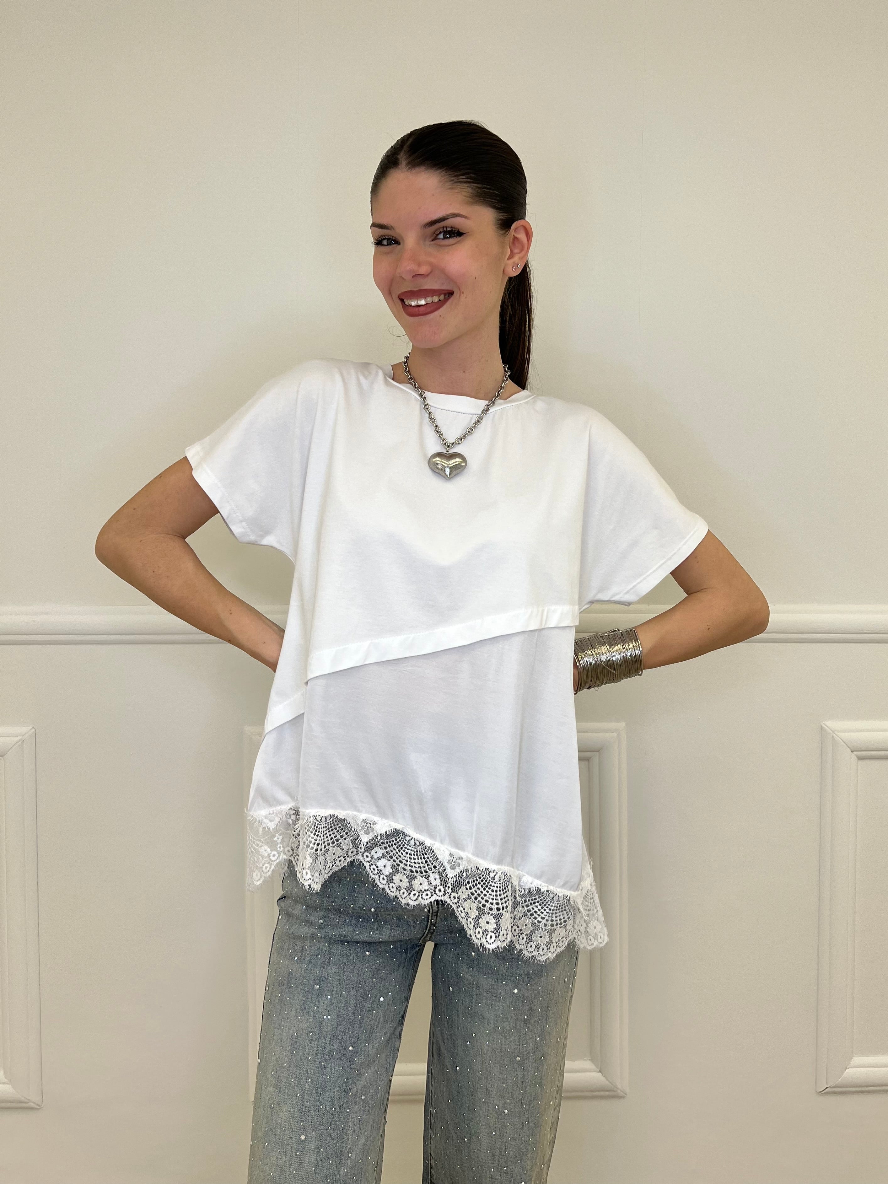 Maglietta Combinata Con Pizzo 20611 Bianco
