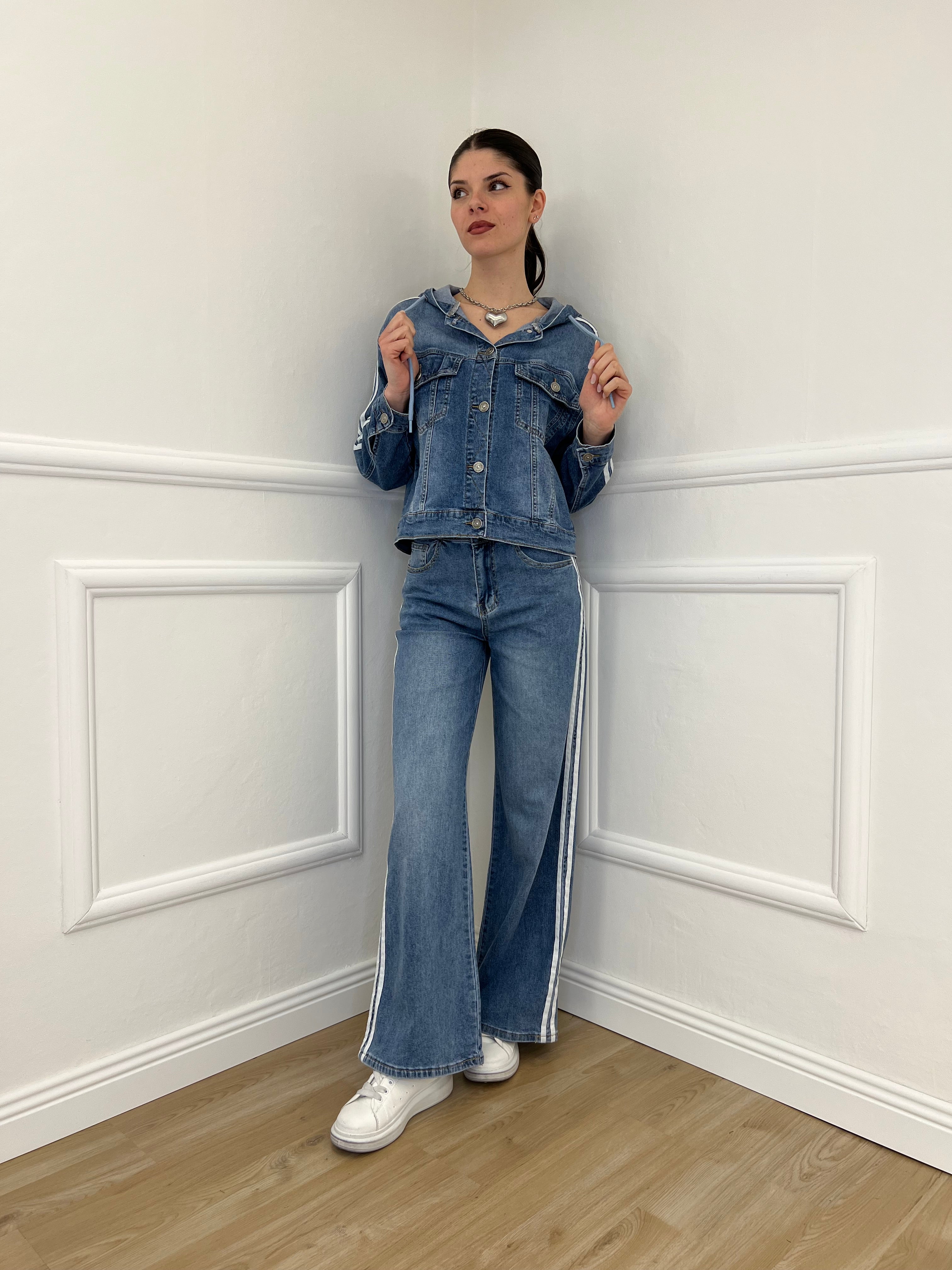 Giacca Denim Bande e Cappuccio J997 Azzurro