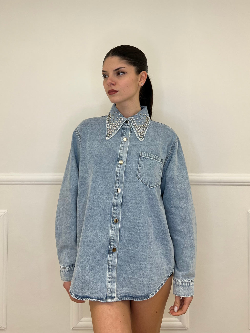 Giacca Camicia Denim Colletto Strass 3025 Azzurro