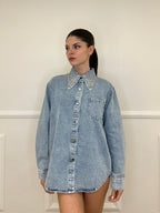 Giacca Camicia Denim Colletto Strass 3025 Azzurro