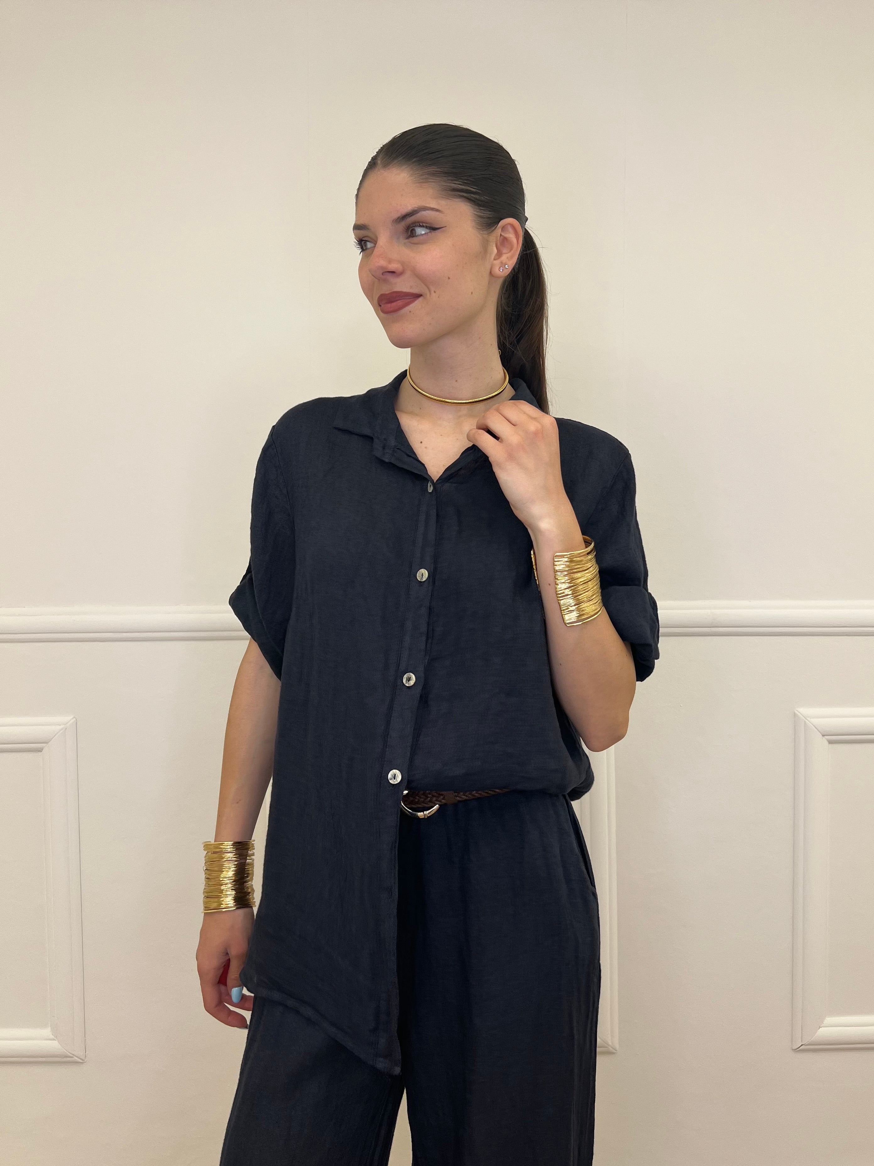 Camicia Maniche 3/4 in Lino 89517 Blu