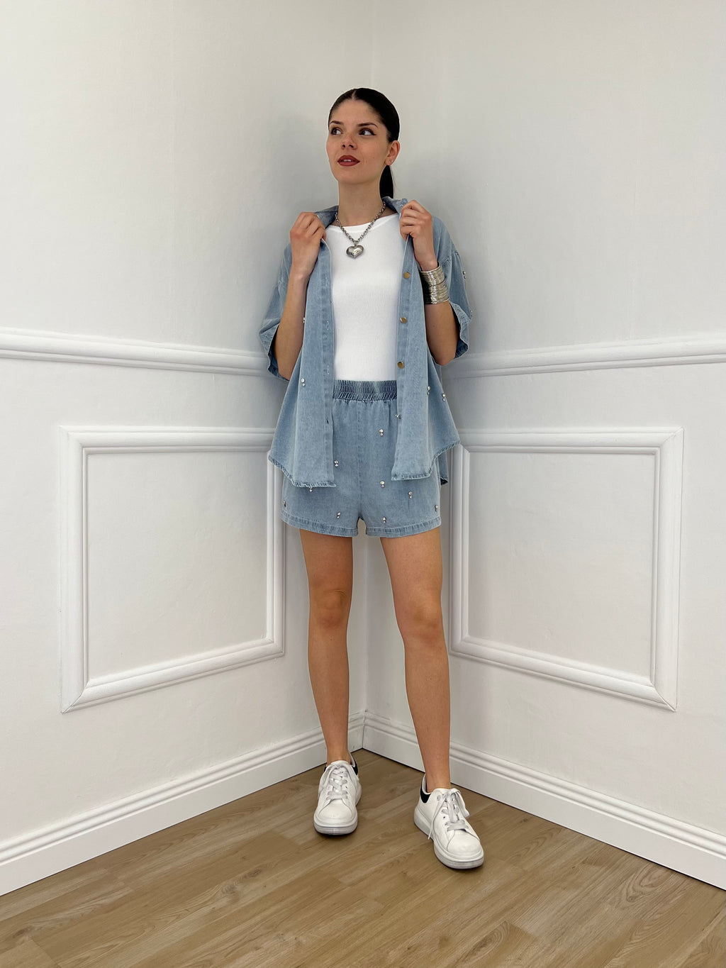 Completo Shorts Denim Con Strass 3048 Azzurro