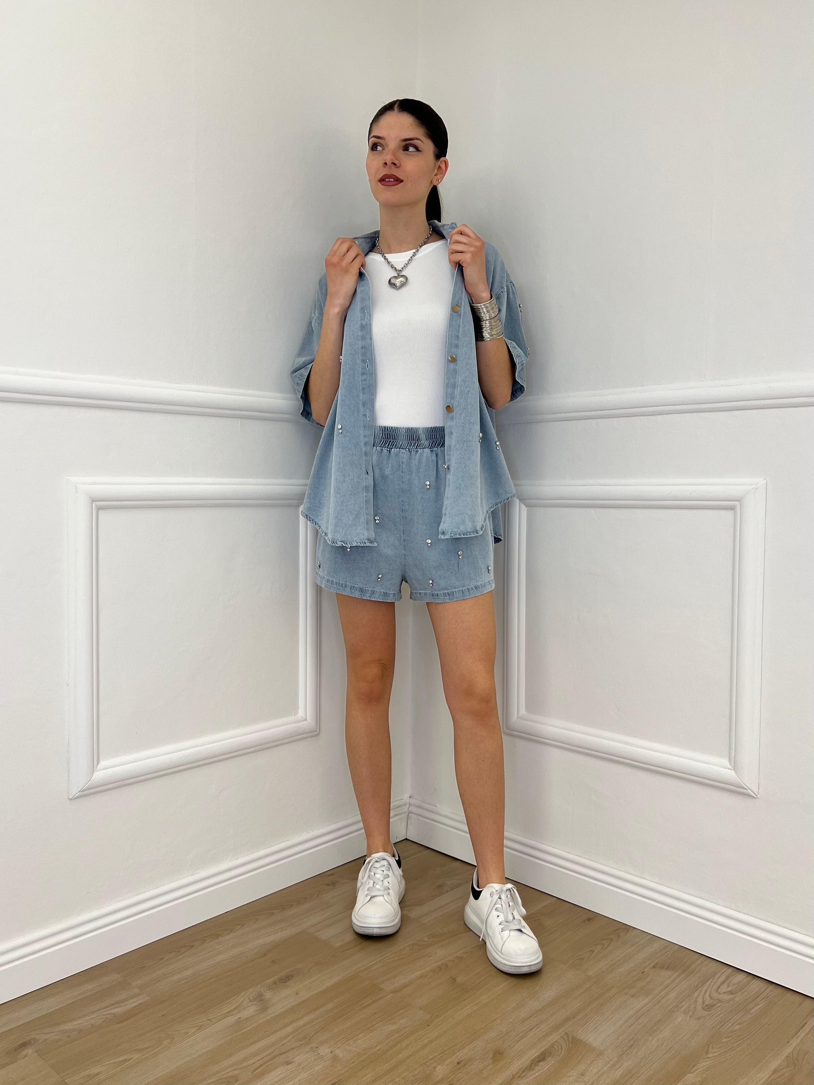 Completo Shorts Denim Con Strass 3048 Azzurro