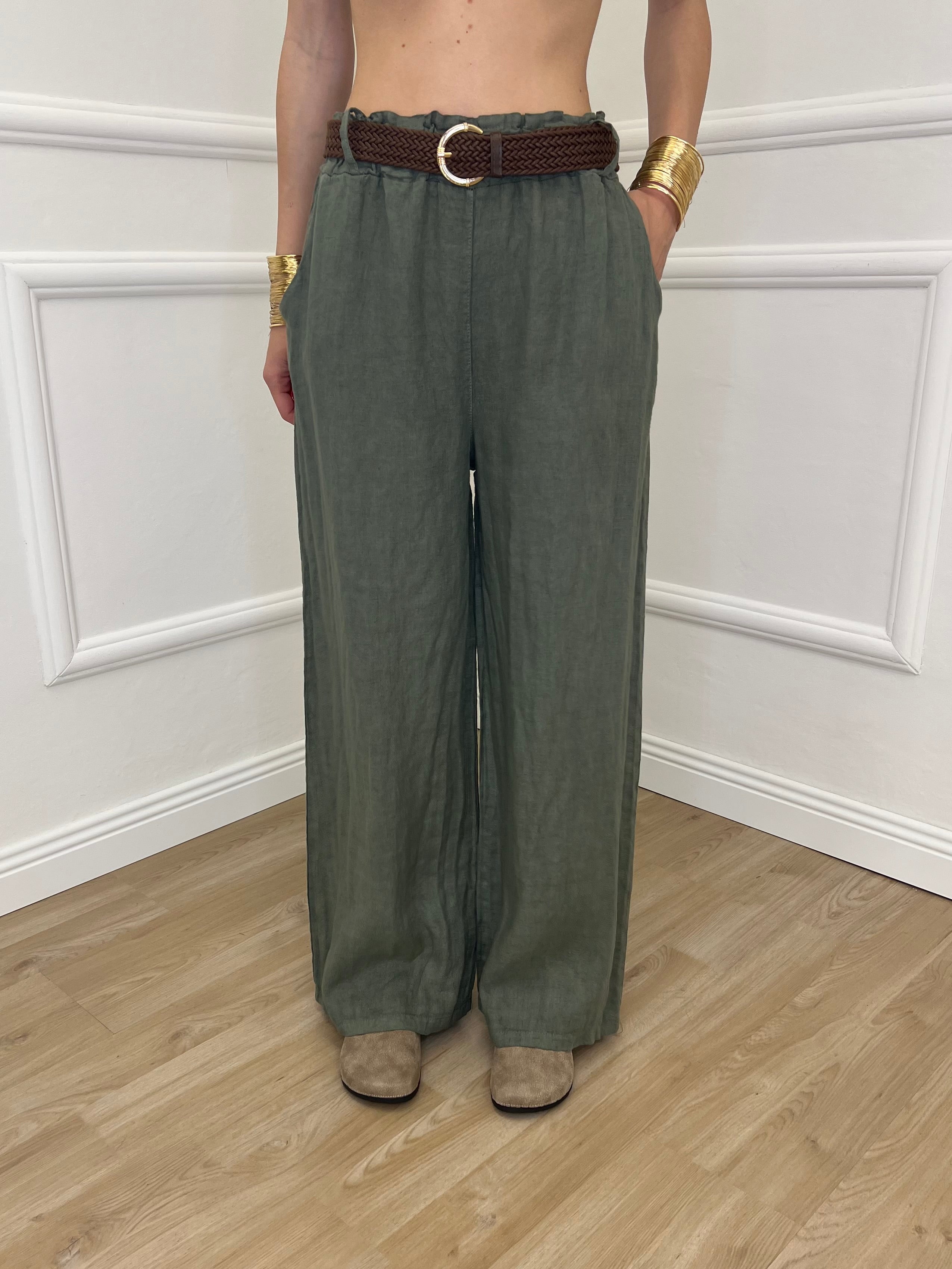 Pantalone Lino Cintura 22525 Verde