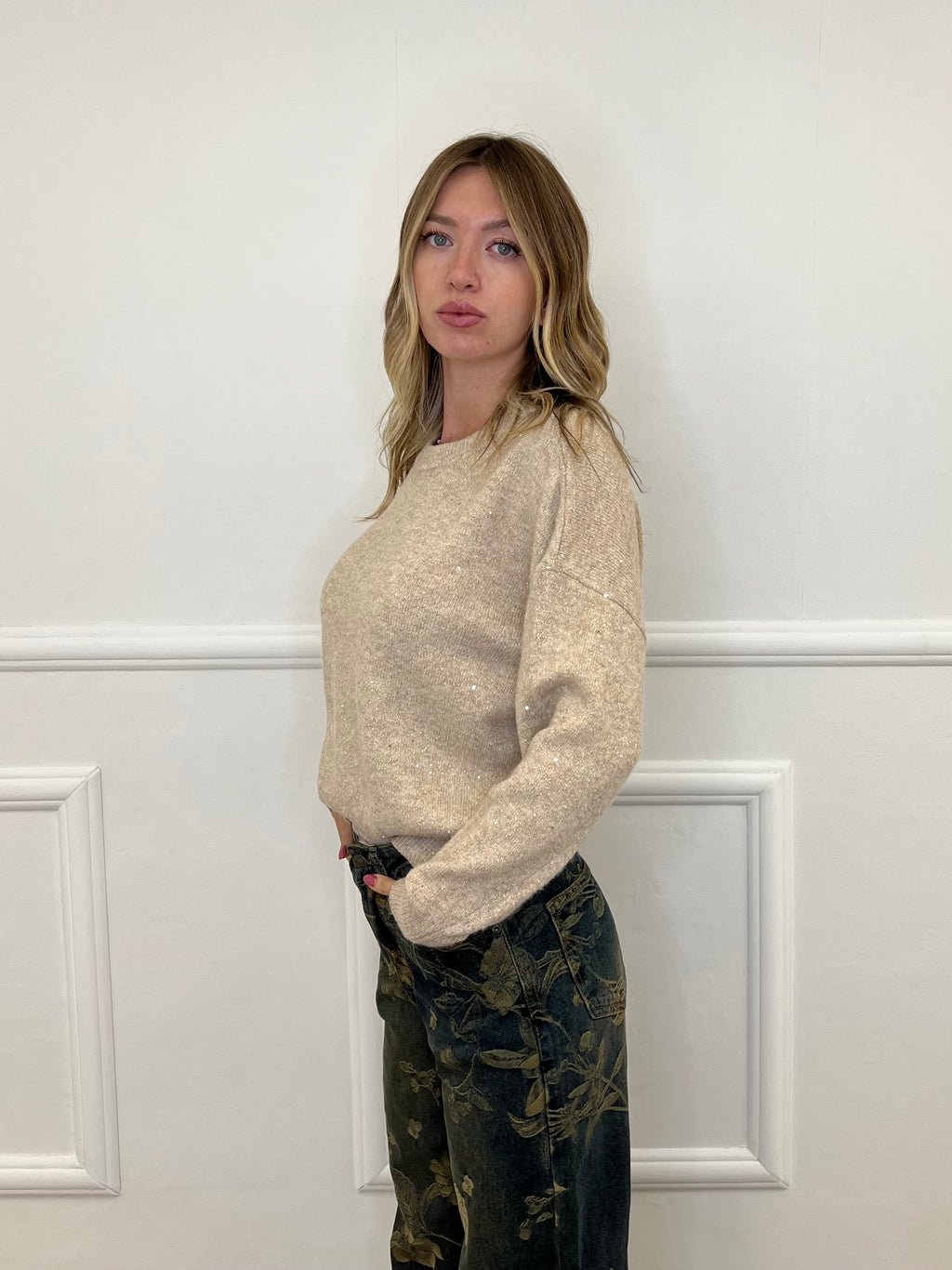 Maglia Over Paillettes 5582 Ecru