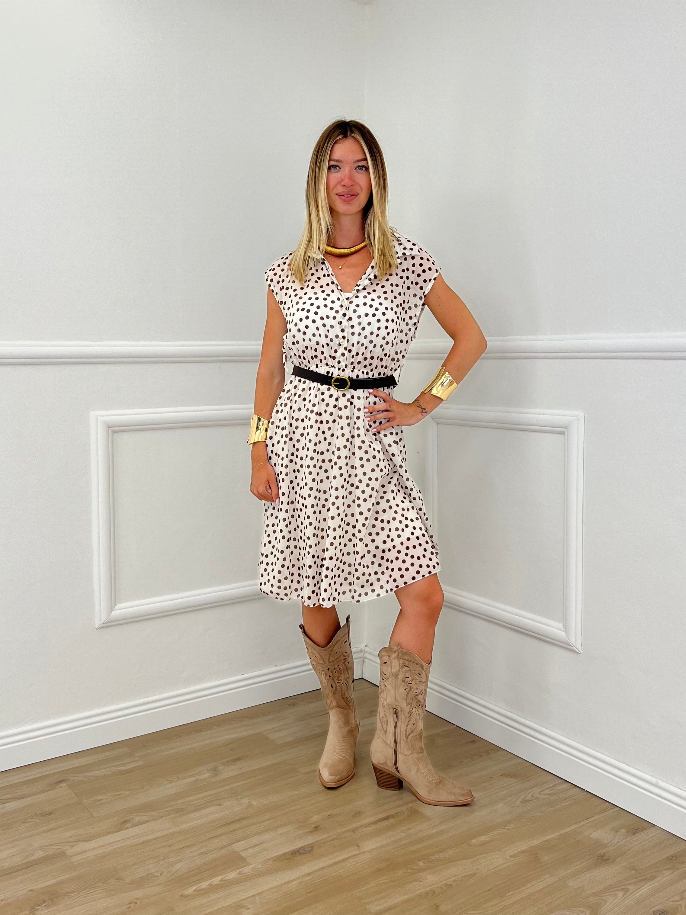 Vestito Corto a Pois 15909 Panna e Moro