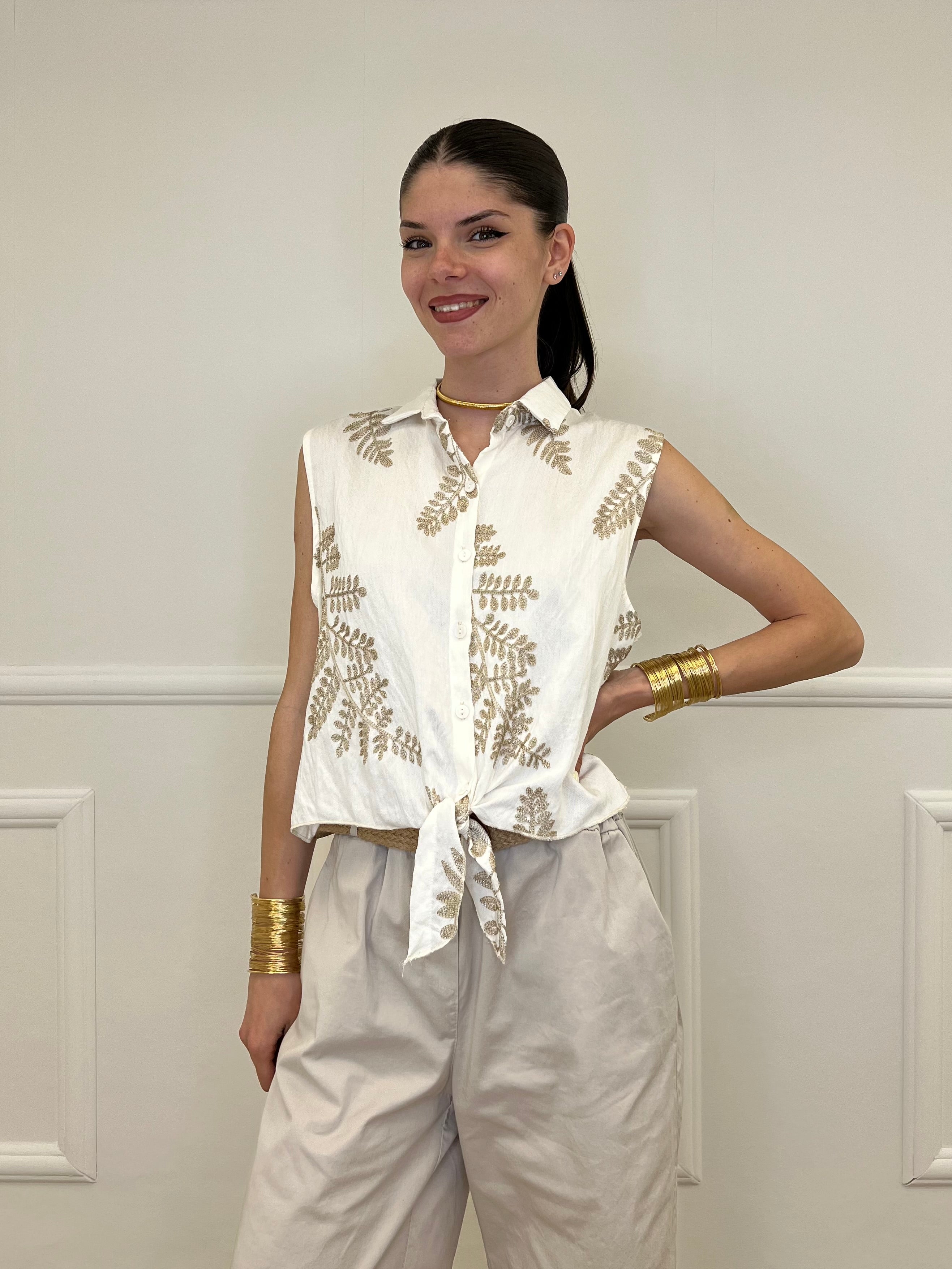 Camicia Smanicata Nodo Lurex 18128 Bianco