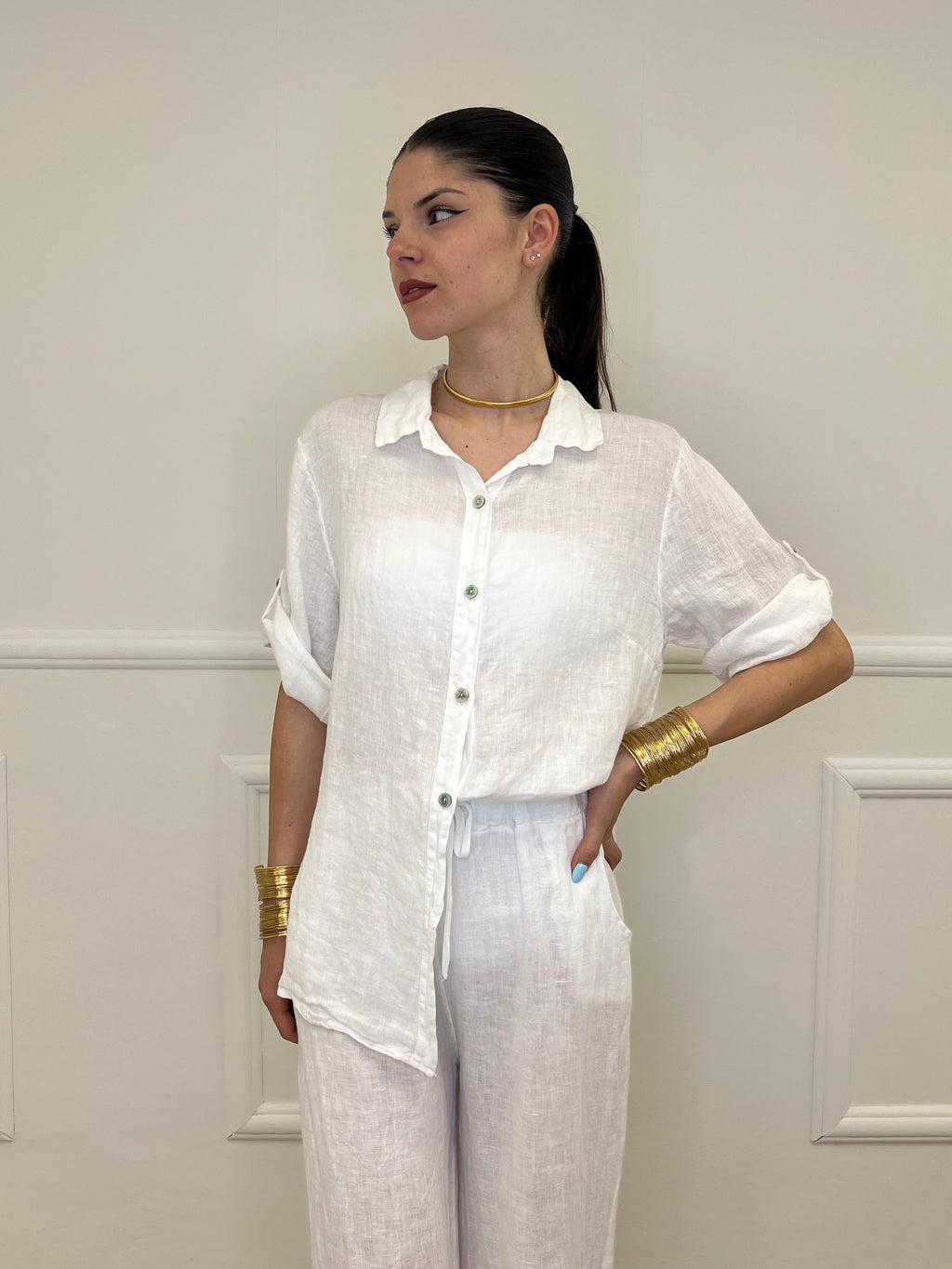 Camicia Maniche 3/4 in Lino 89517 Bianco