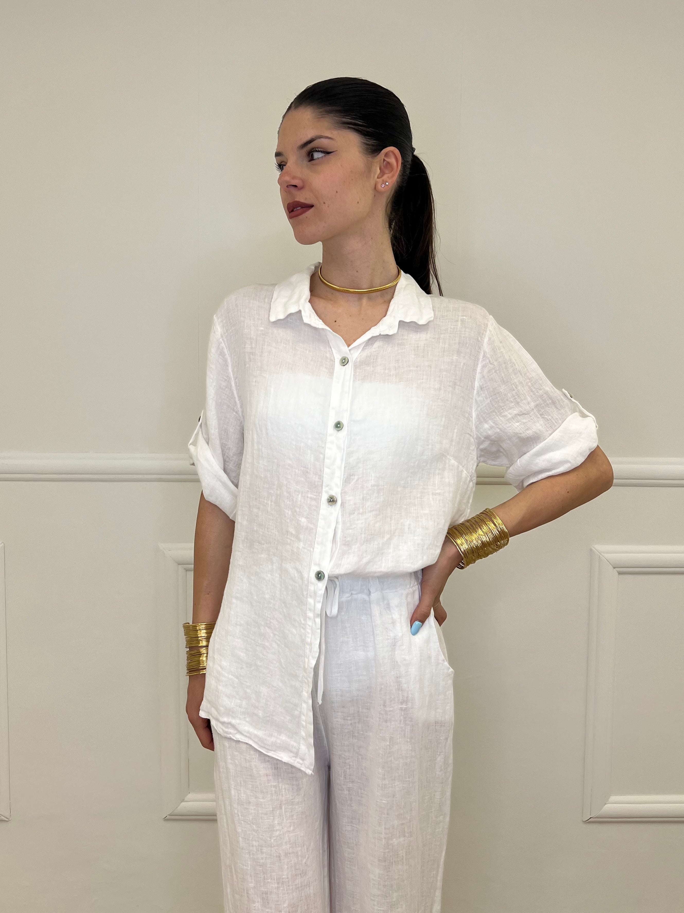 Camicia Maniche 3/4 in Lino 89517 Bianco