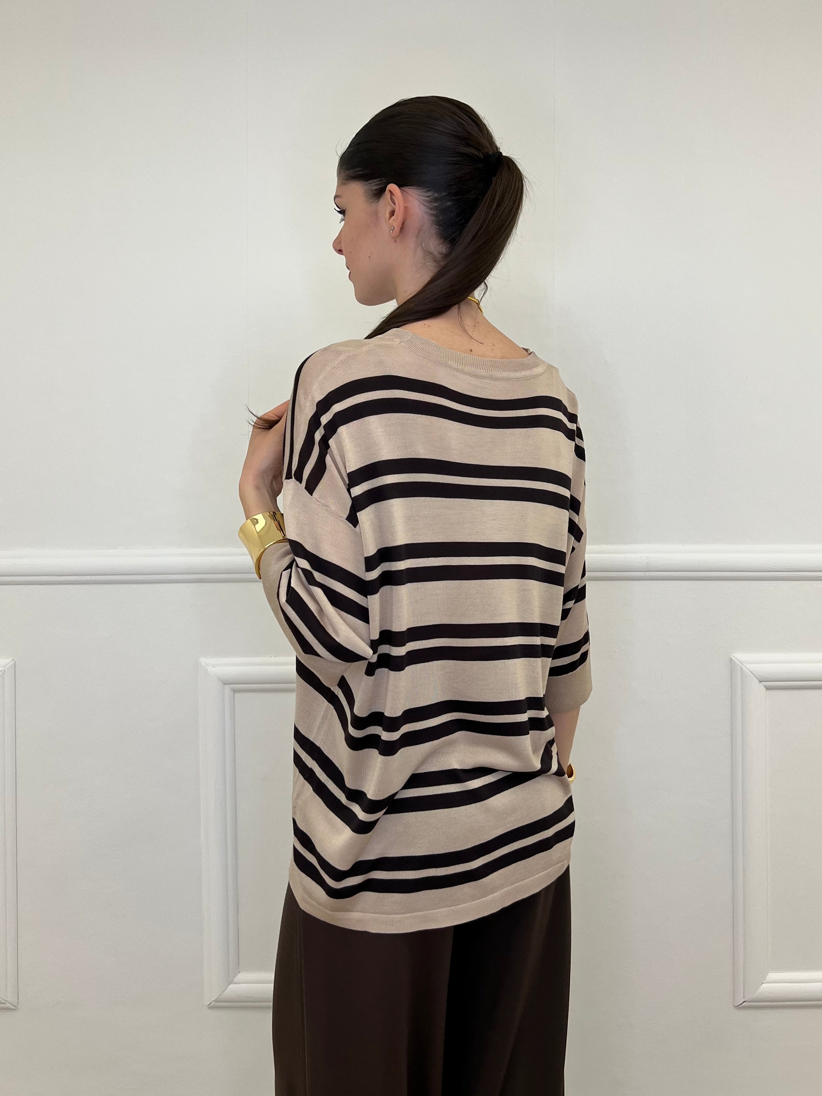 Maglia Righe Misto Seta E260 Ecru e Moro