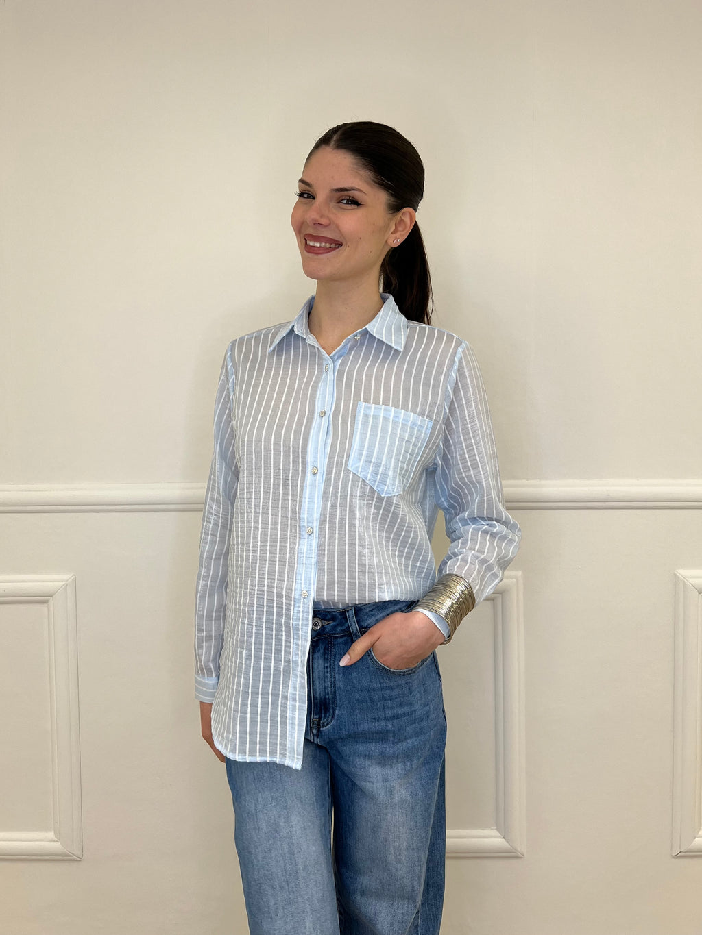 Camicia Tencel Spalmata a Righe 25802 Azzurro