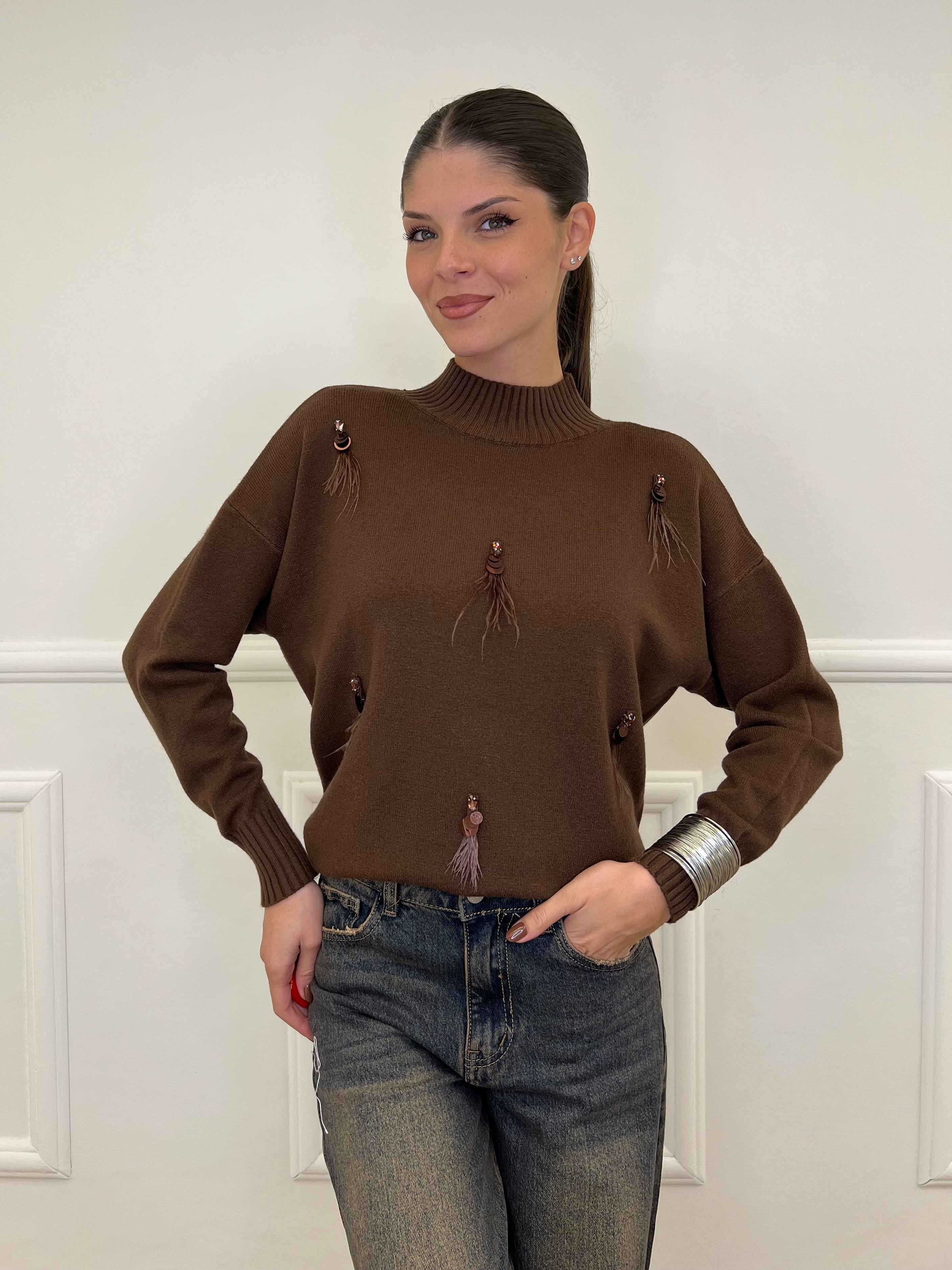 Maglia Strass e Piume DL7355 Marrone