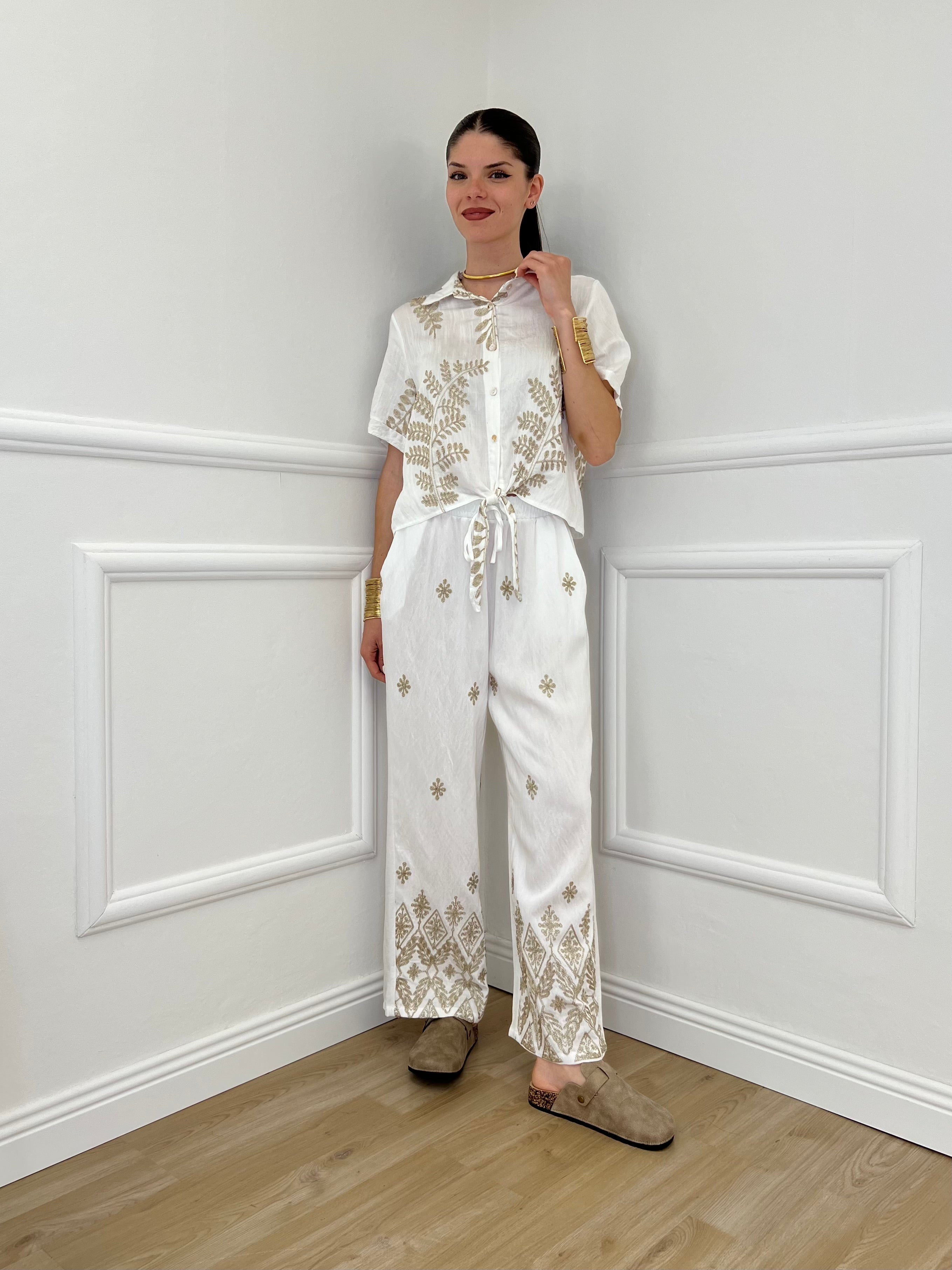 Pantalone Ricami Lurex Z18127 Bianco