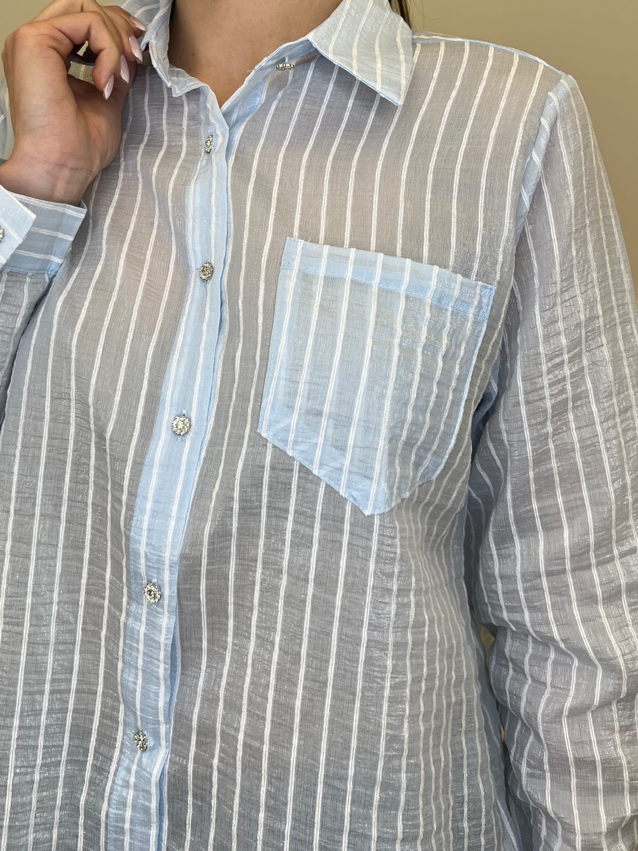 Camicia Tencel Spalmata a Righe 25802 Azzurro