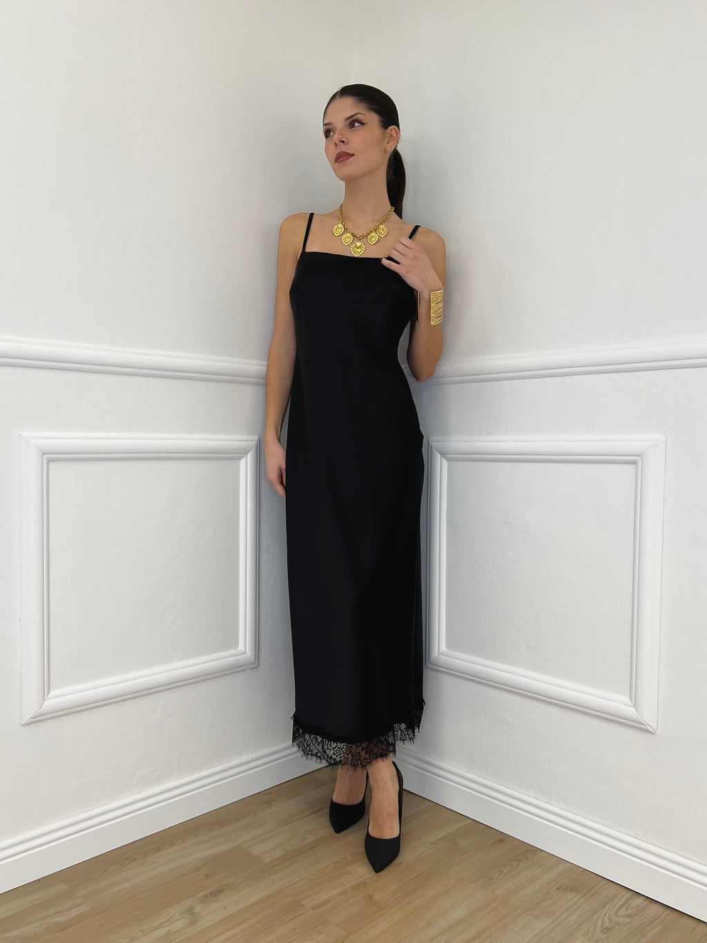 Abito Satin con Pizzo 16619 Nero