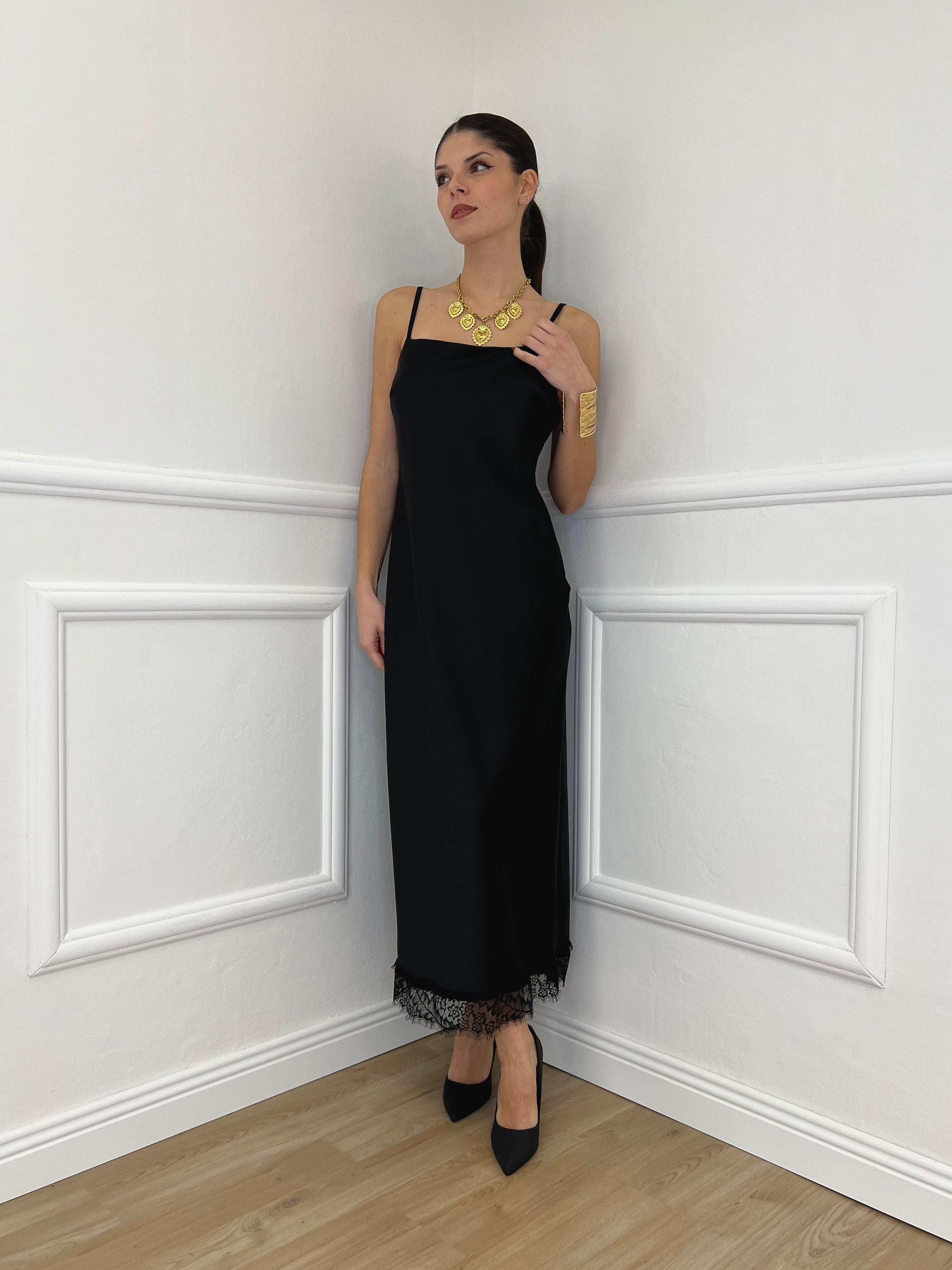 Abito Satin con Pizzo 16619 Nero