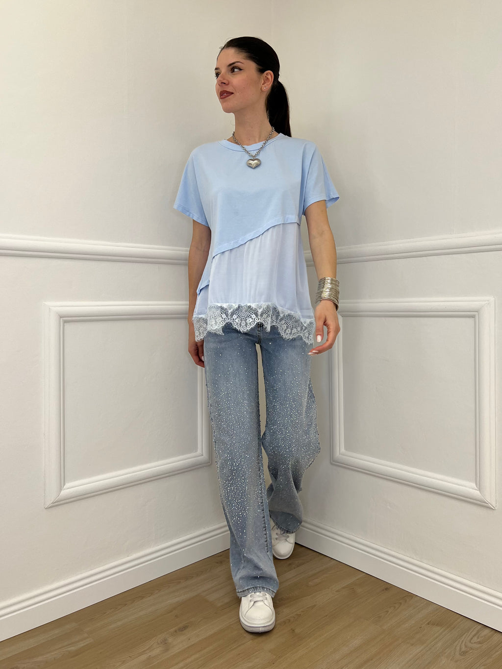 Maglietta Combinata Con Pizzo 20611 Azzurro