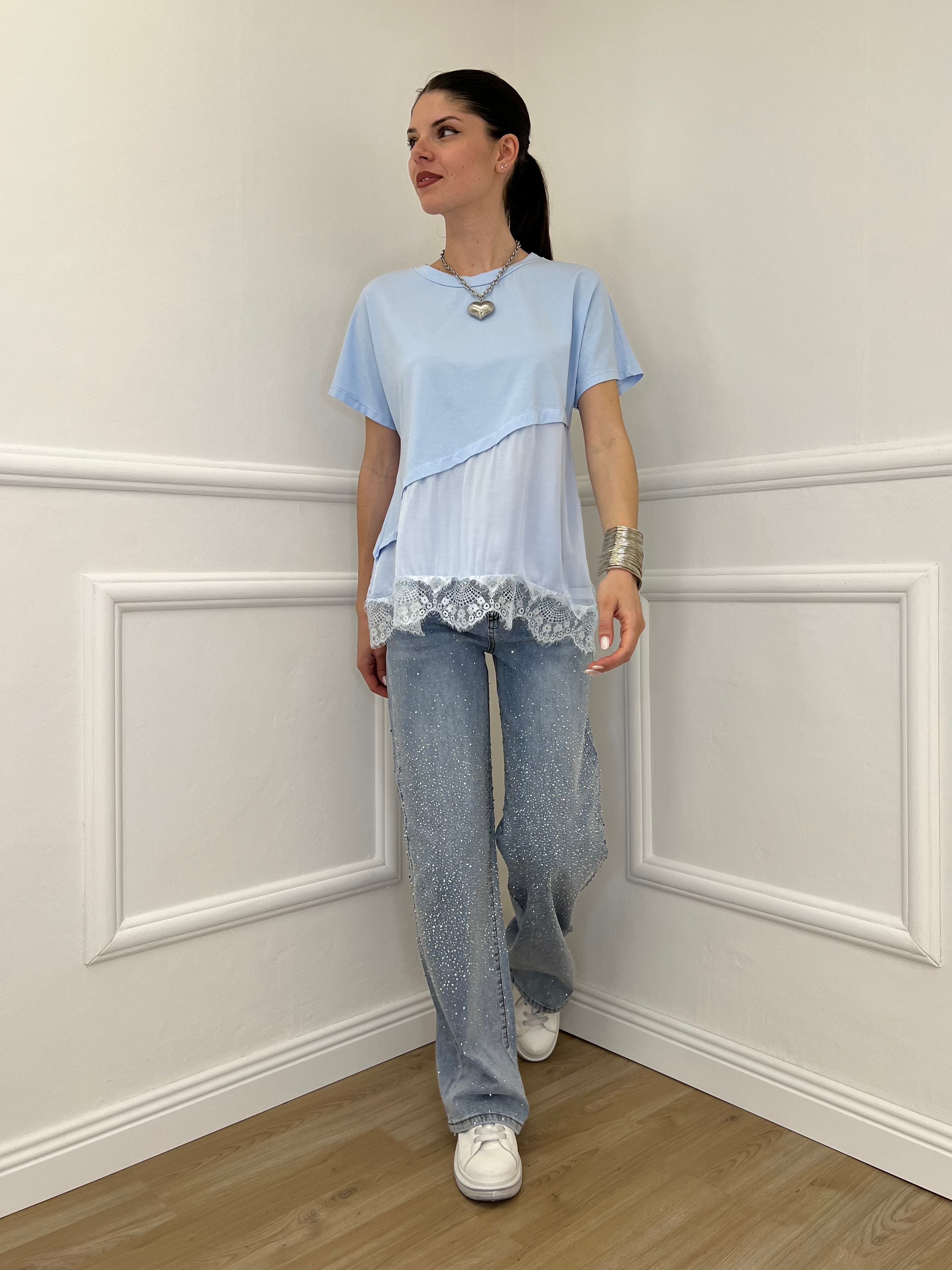 Maglietta Combinata Con Pizzo 20611 Azzurro