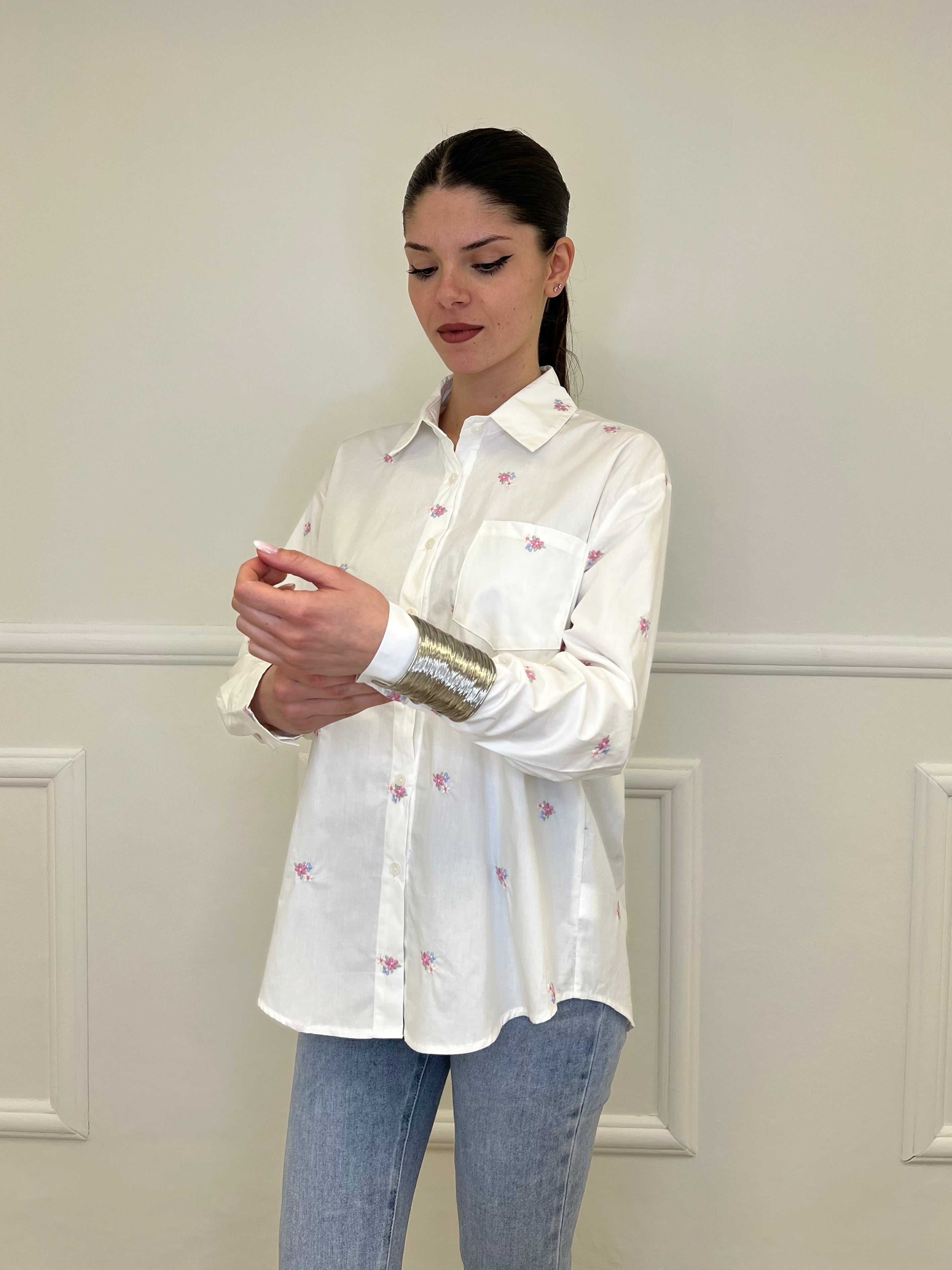 Camicia Ricami Fiori 17195 Bianco