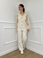 Twin Set Blusa in Pizzo Con Jabot e Sottoveste 7099 Ecru