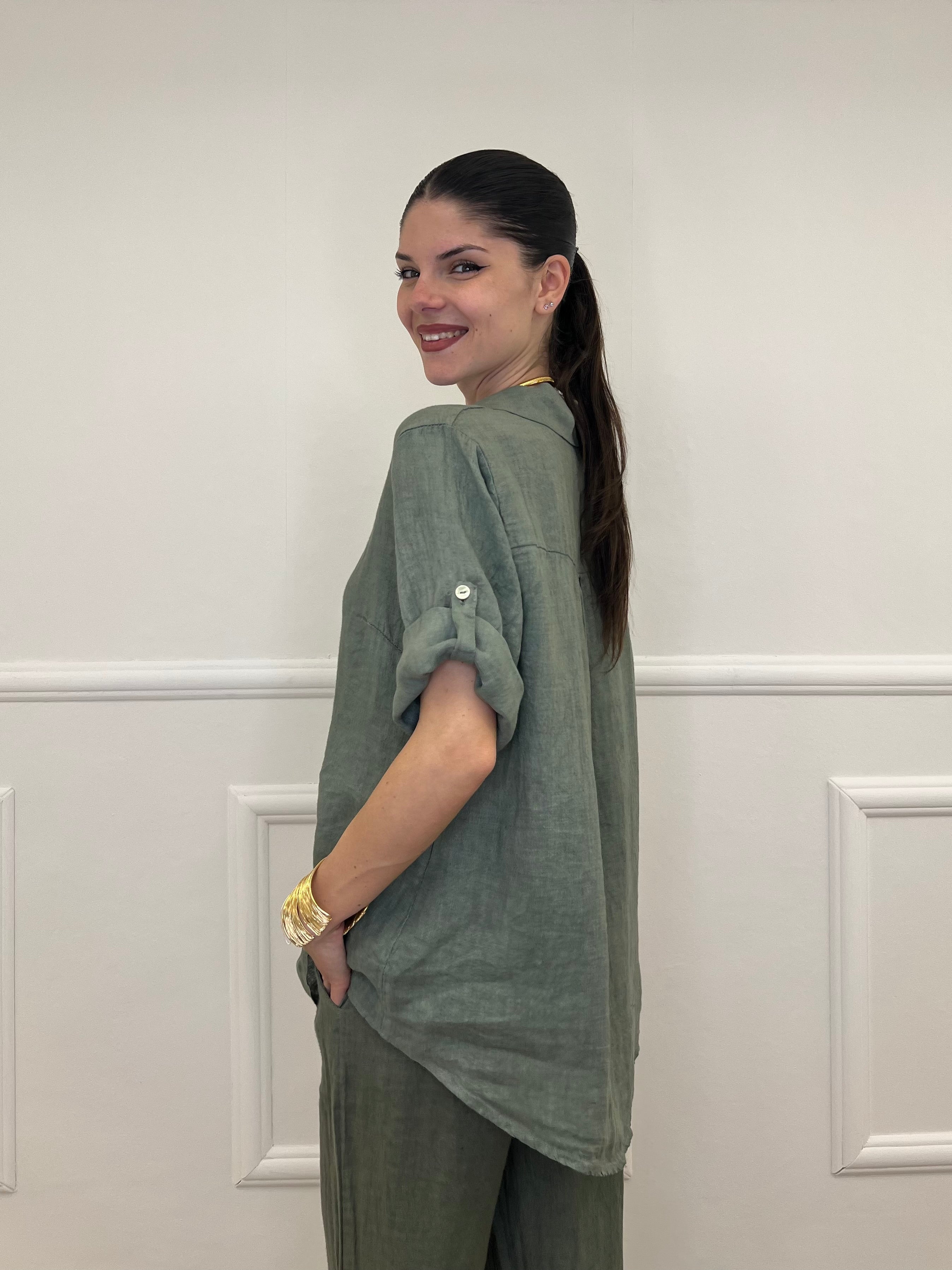 Camicia Maniche 3/4 in Lino 89517 Verde
