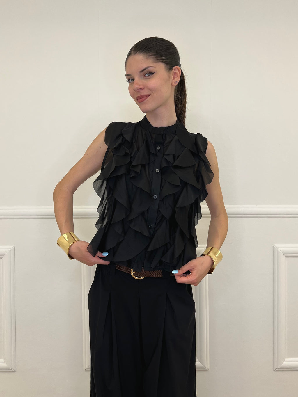 Camicia Smanicata Con Rouches 220-672 Nero