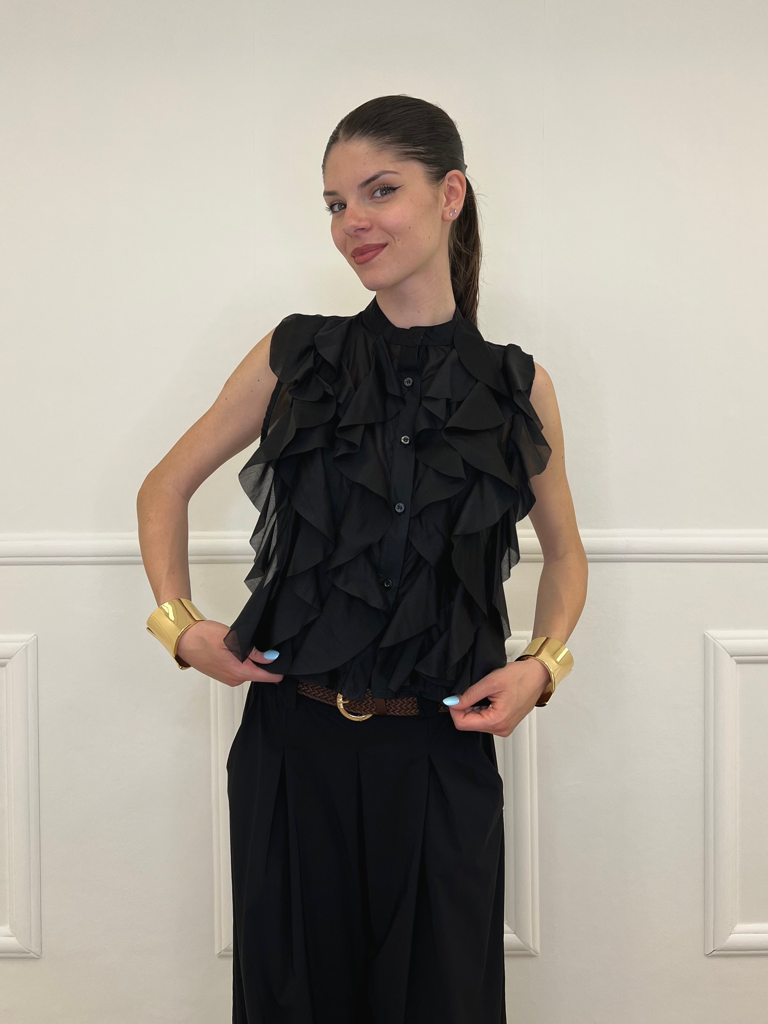 Camicia Smanicata Con Rouches 220-672 Nero