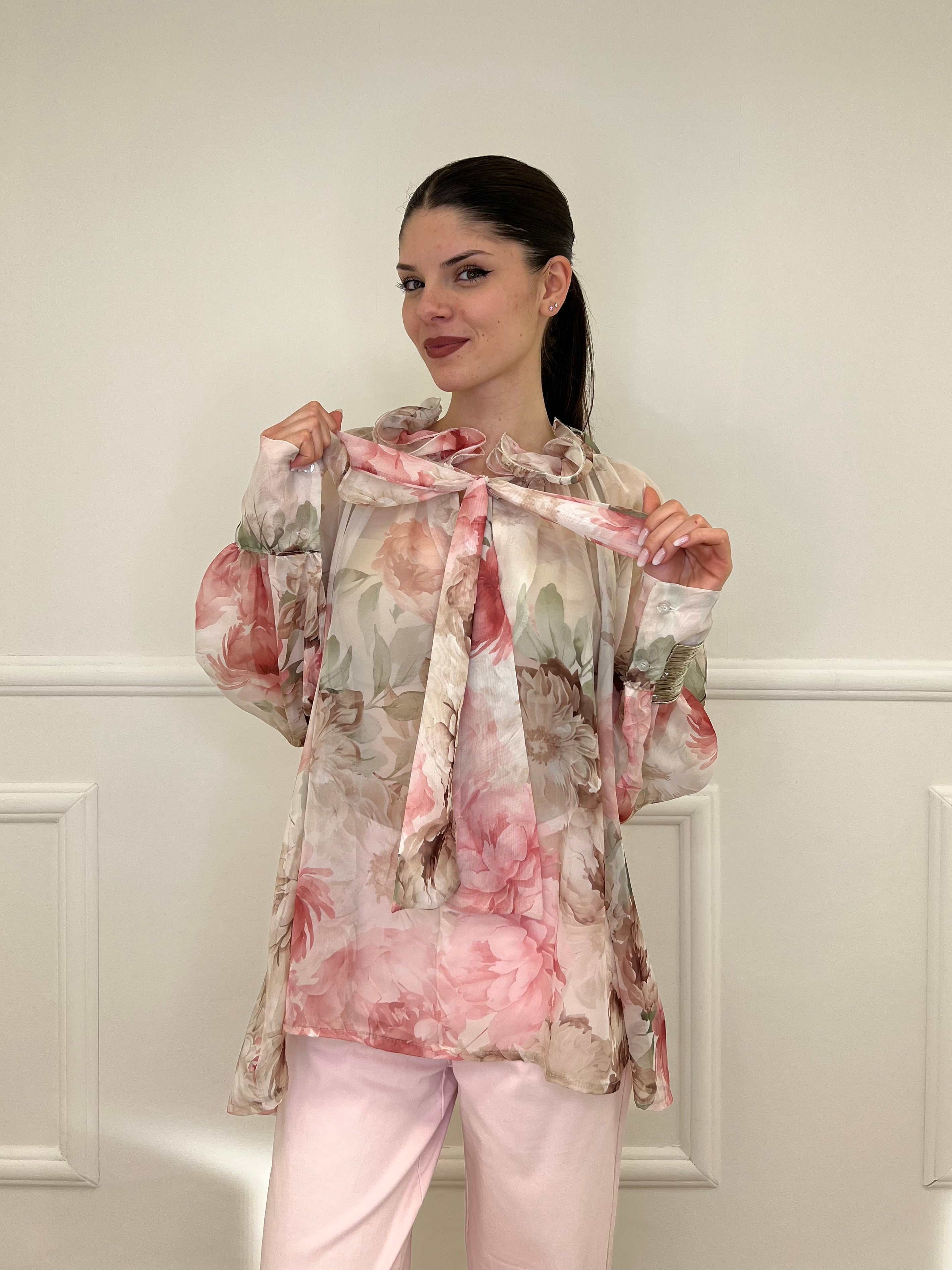 Blusa Voile Fiori Con Fiocco 4284 Ecru