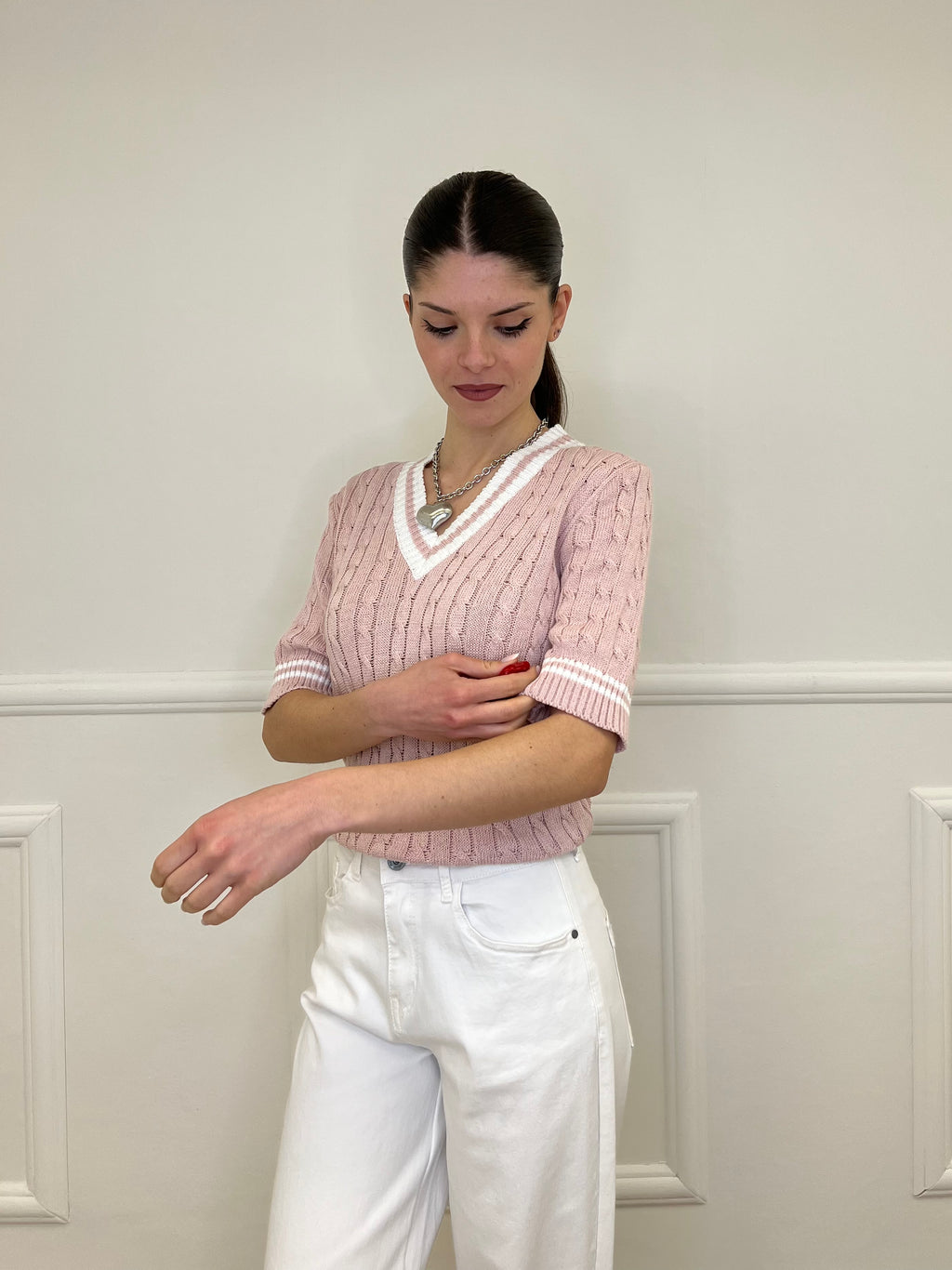 Maglia Trecce Profili a Contrasto 9467 Rosa e Bianco