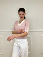 Maglia Trecce Profili a Contrasto 9467 Rosa e Bianco