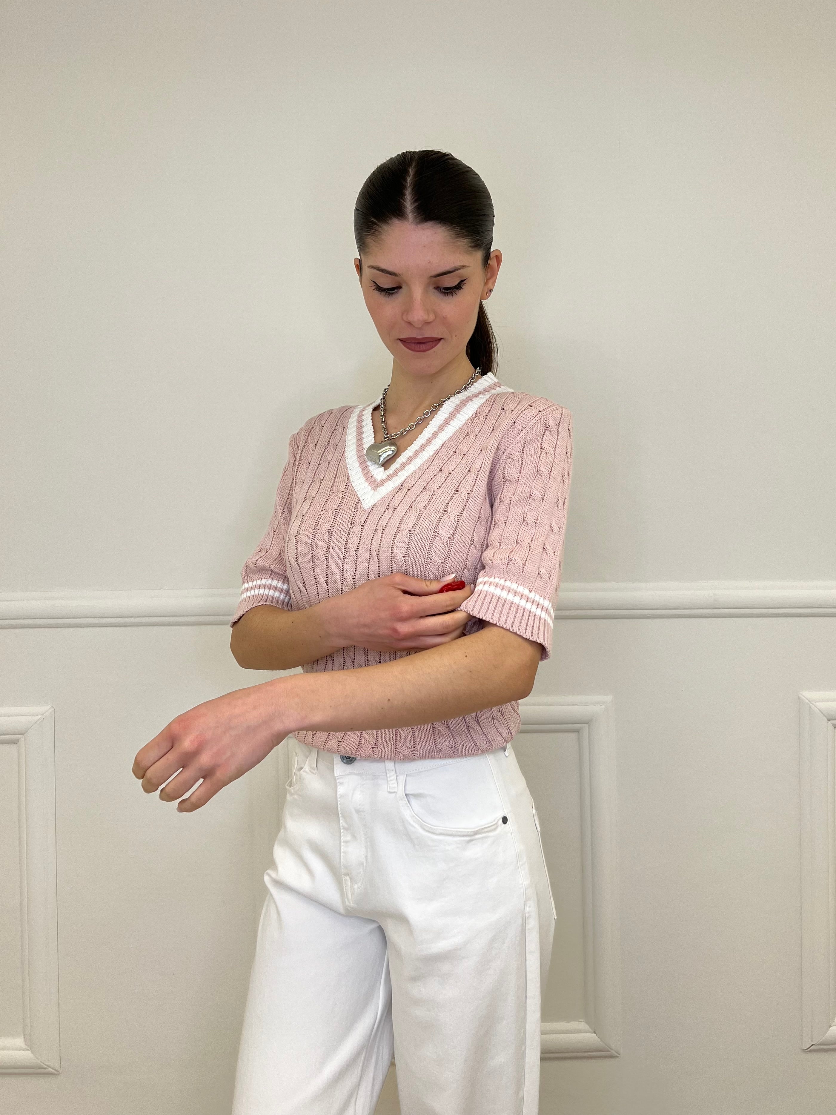 Maglia Trecce Profili a Contrasto 9467 Rosa e Bianco