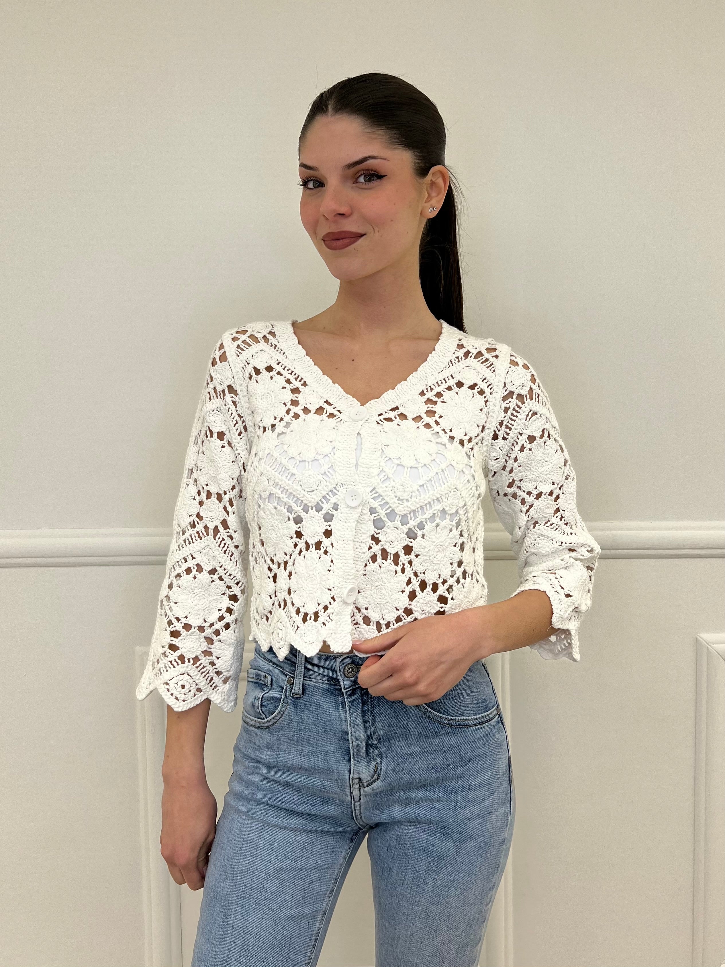 Cardigan Crop Crochet 38018 Bianco - Bazar Abbigliamento
