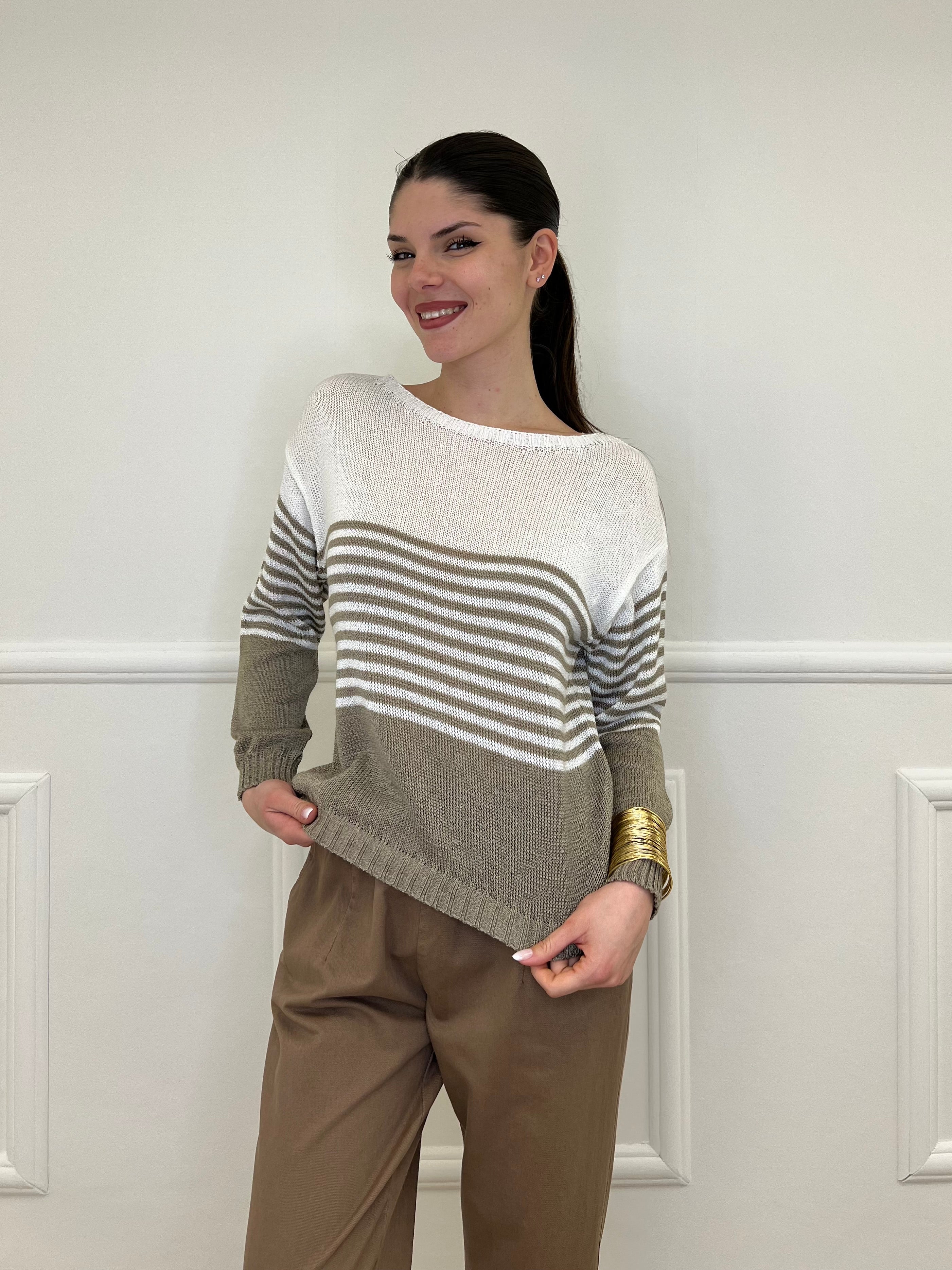 Maglia a Righe Bicolore 26001 Taupe e Bianco