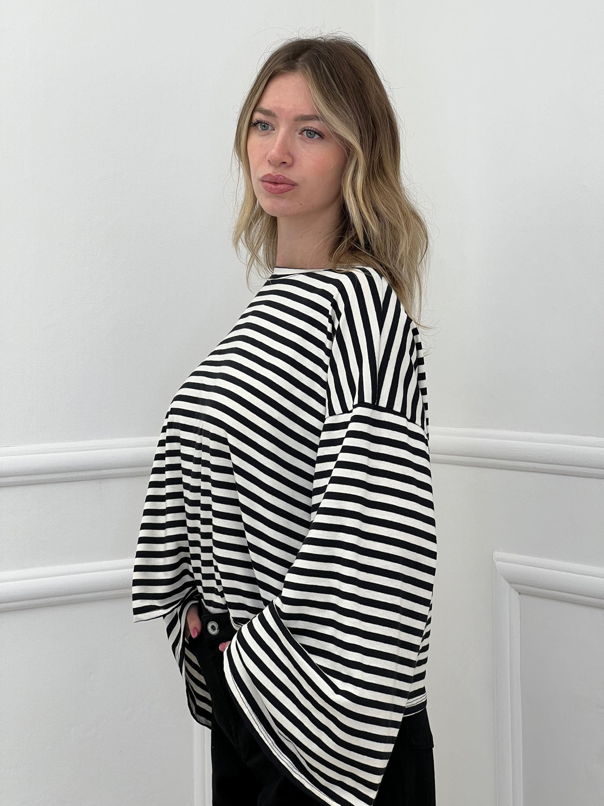 T-shirt Righe Maniche Ampie BM270 Panna e Nero