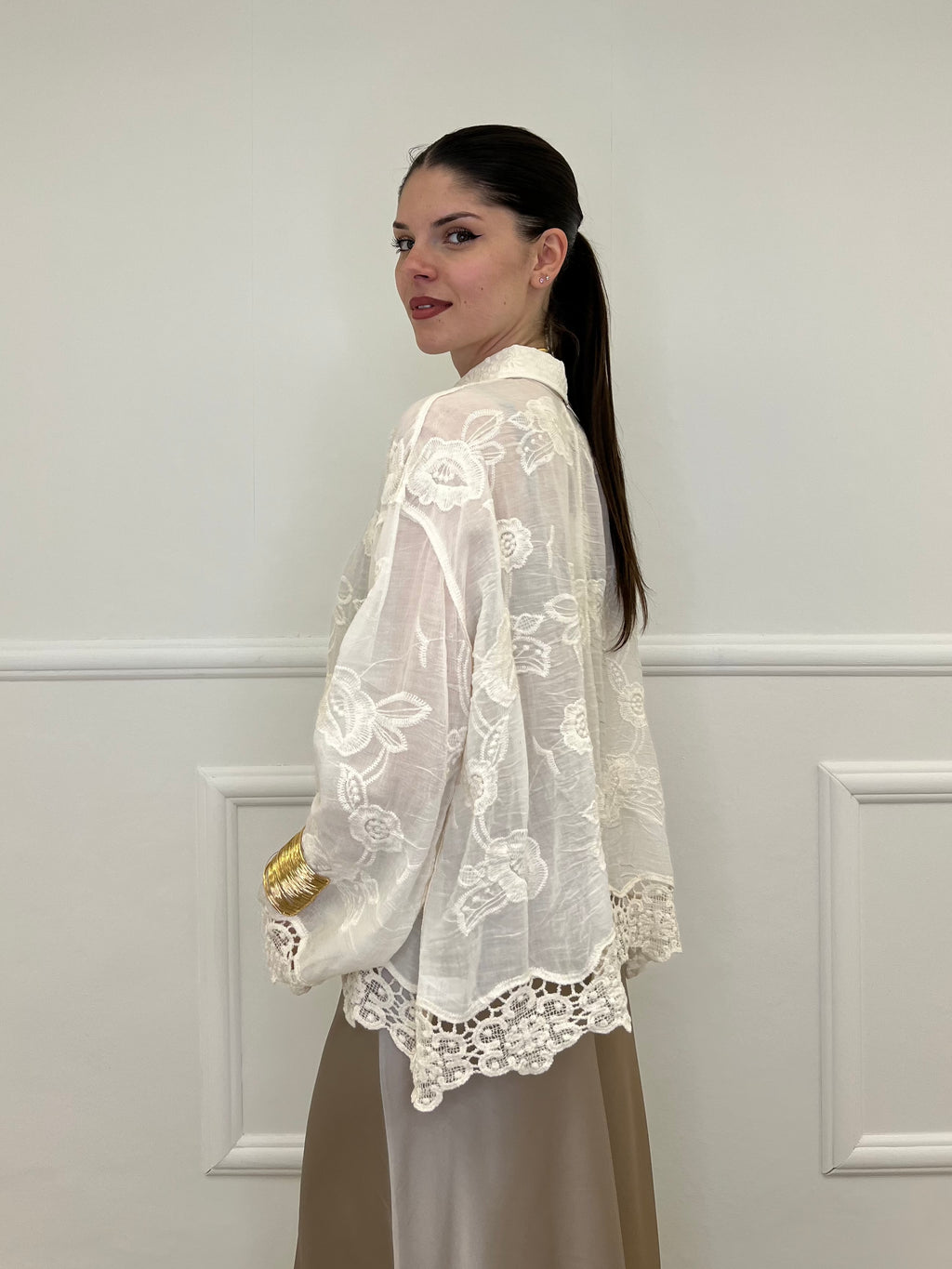 Camicia Ricami Inserti Crochet 48036 Panna