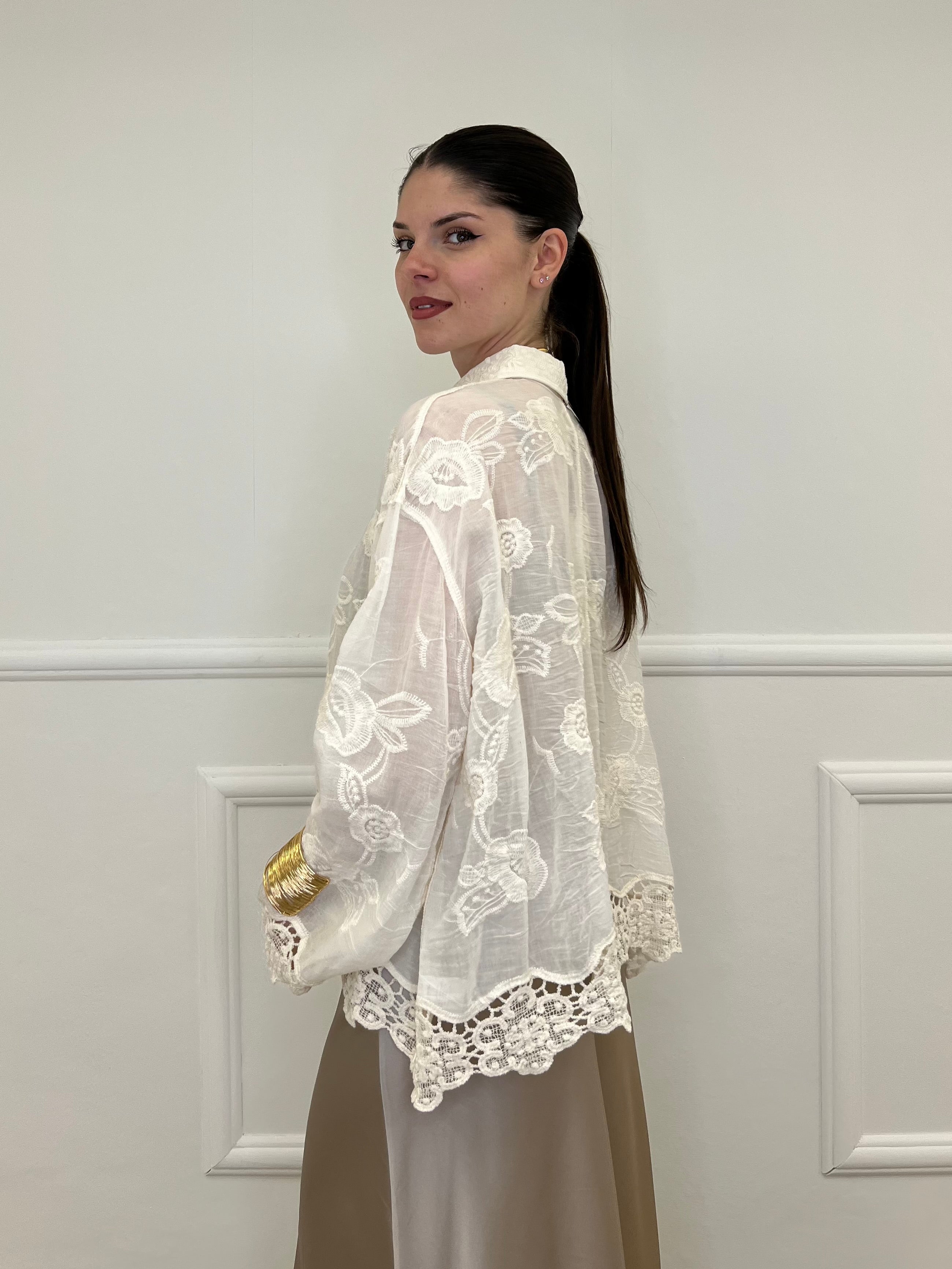 Camicia Ricami Inserti Crochet 48036 Panna