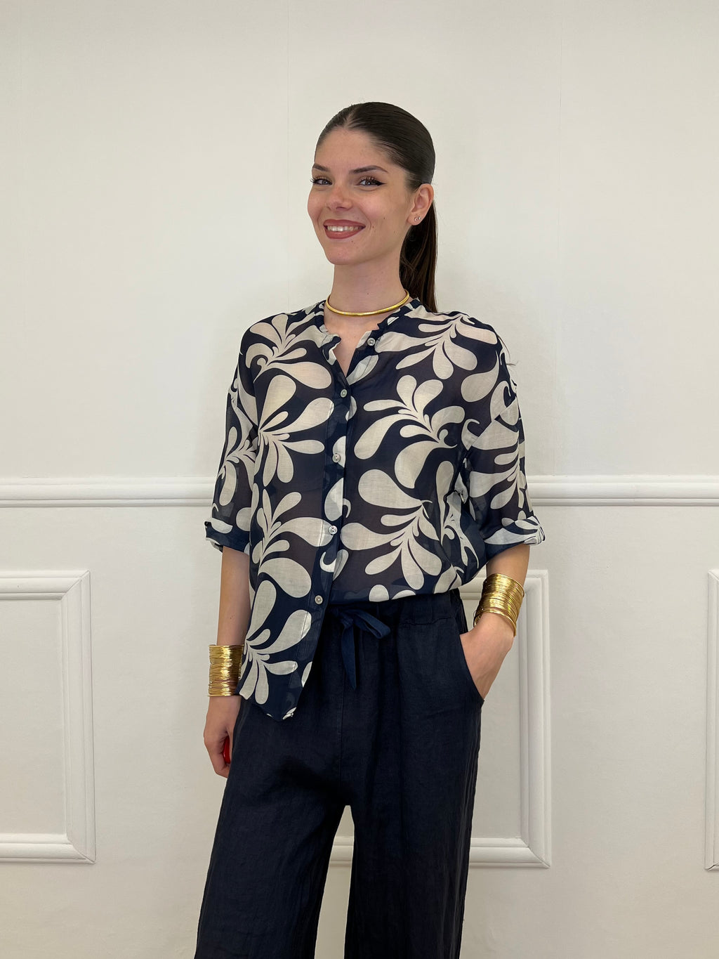 Camicia Fantasia Cotone e Seta 93-242-1 Blu