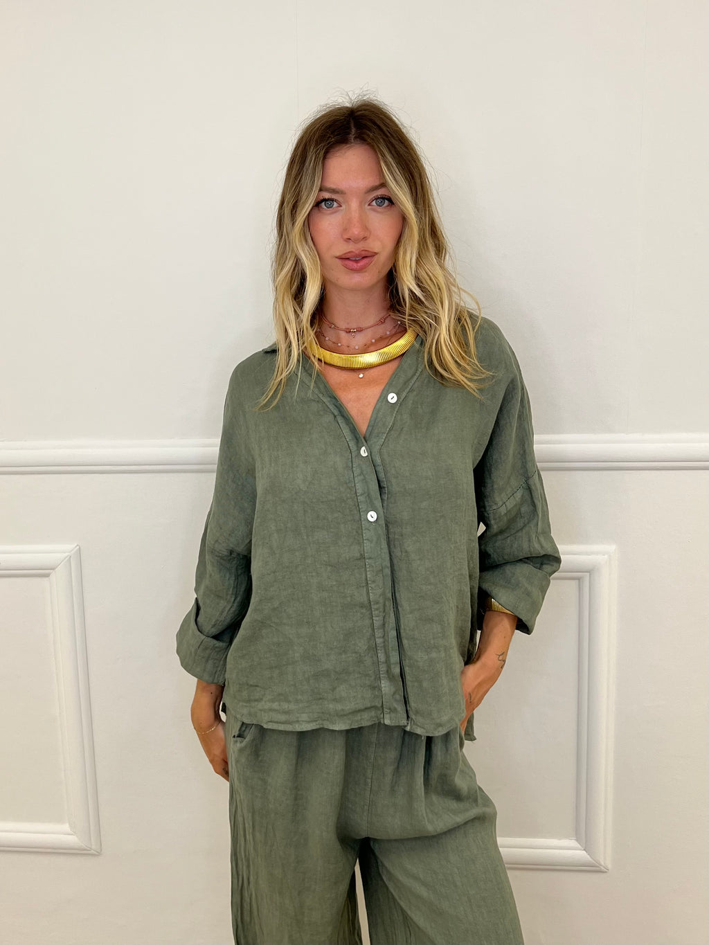 Camicia Scatoletta Lino 89303 Verde