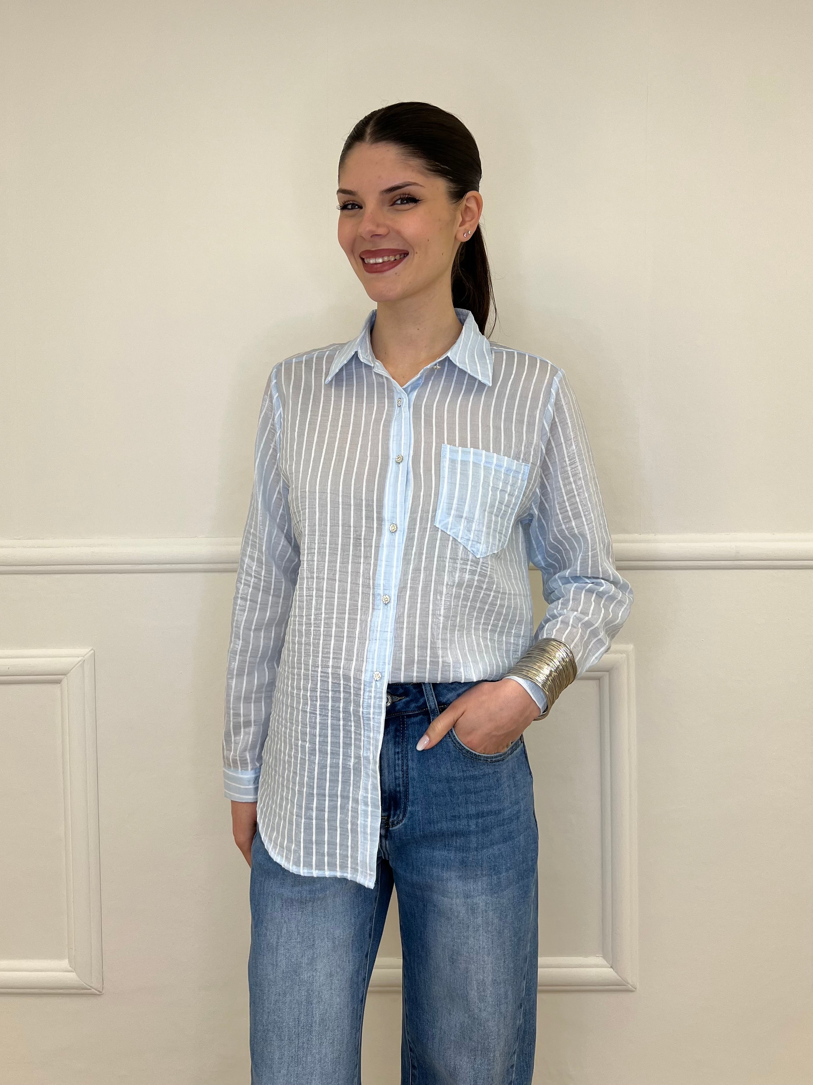 Camicia Tencel Spalmata a Righe 25802 Azzurro