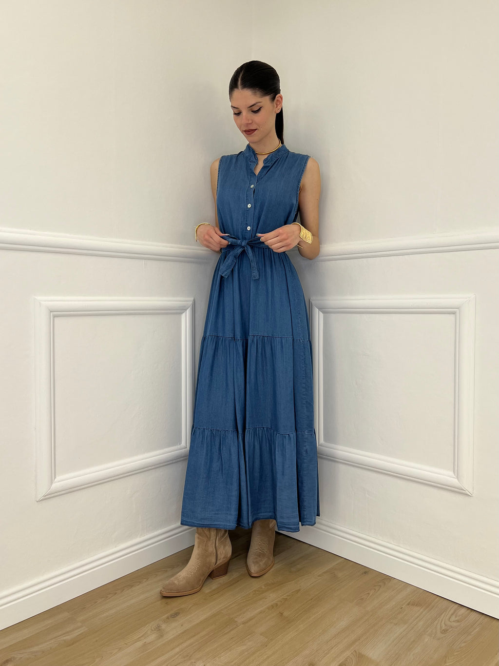 Abito Smanicato Effetto Denim V6127 Azzurro