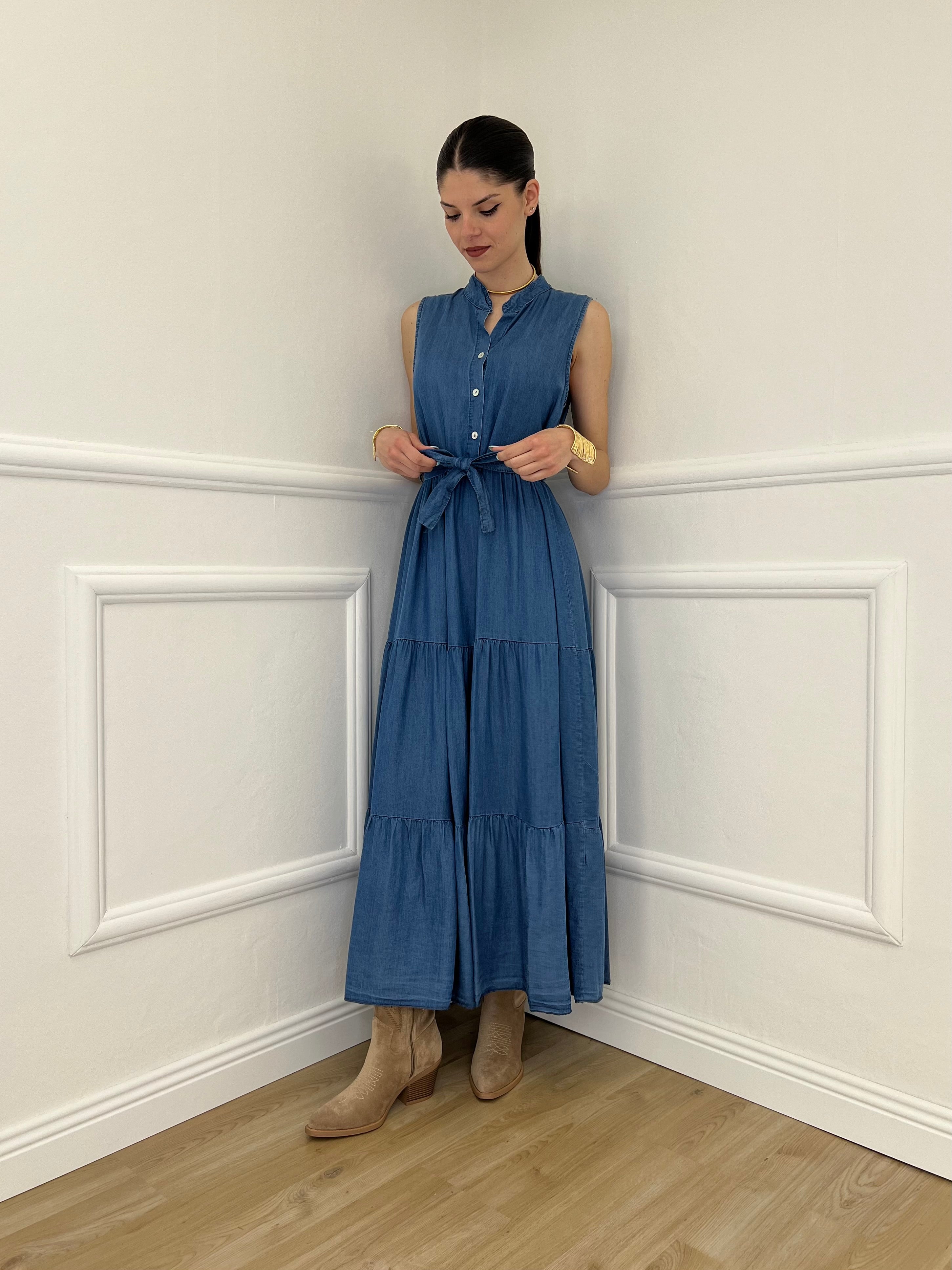 Abito Smanicato Effetto Denim V6127 Azzurro