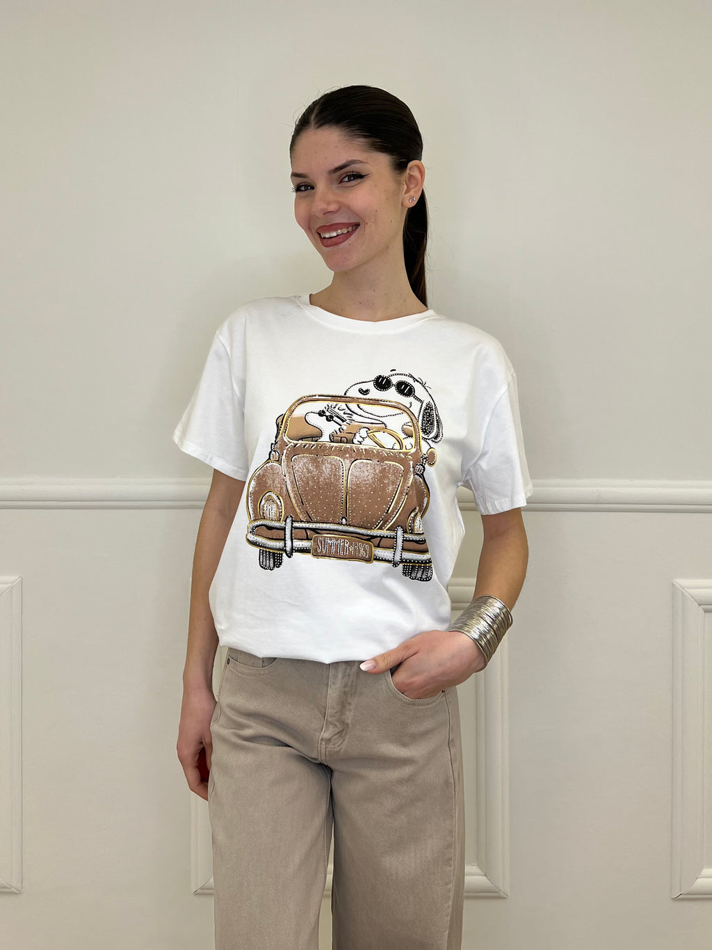 T-shirt Over Snoopy Con Strass