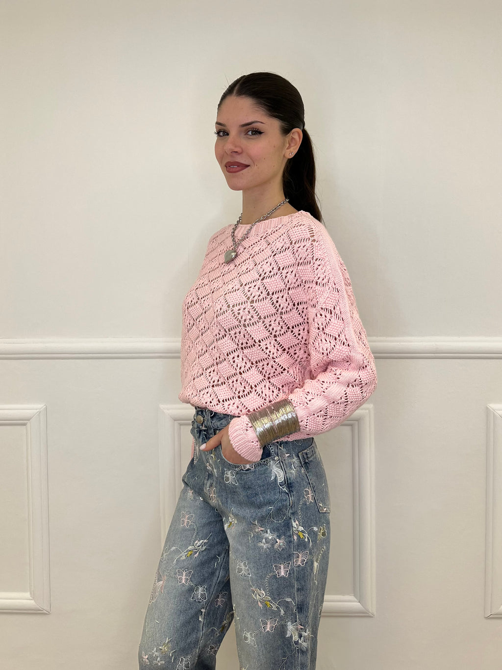 Maglia Jacquard Traforata 82618 Rosa